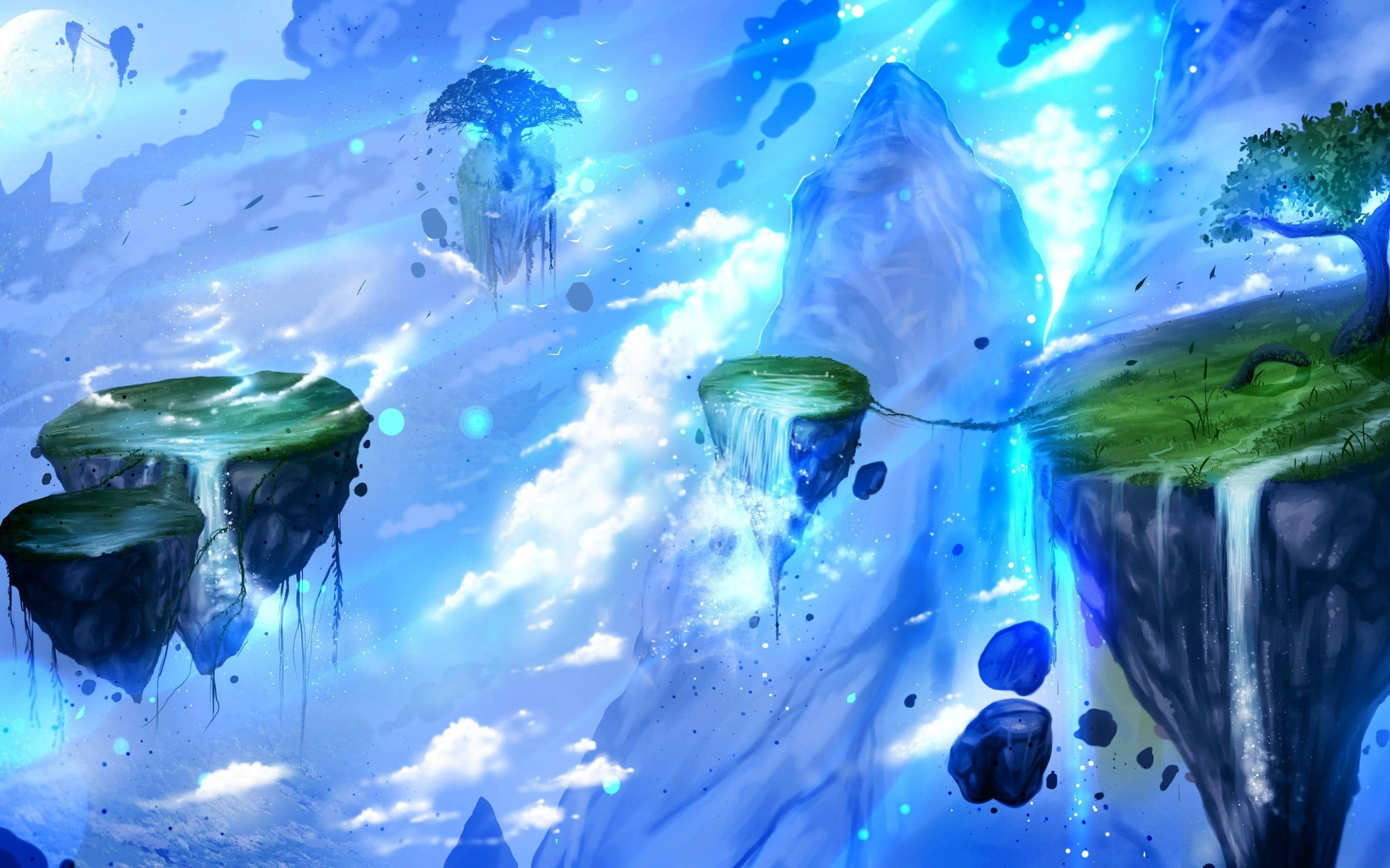 Floating Island, glowing light, lush greenery, 2K Desktop Wallpaper