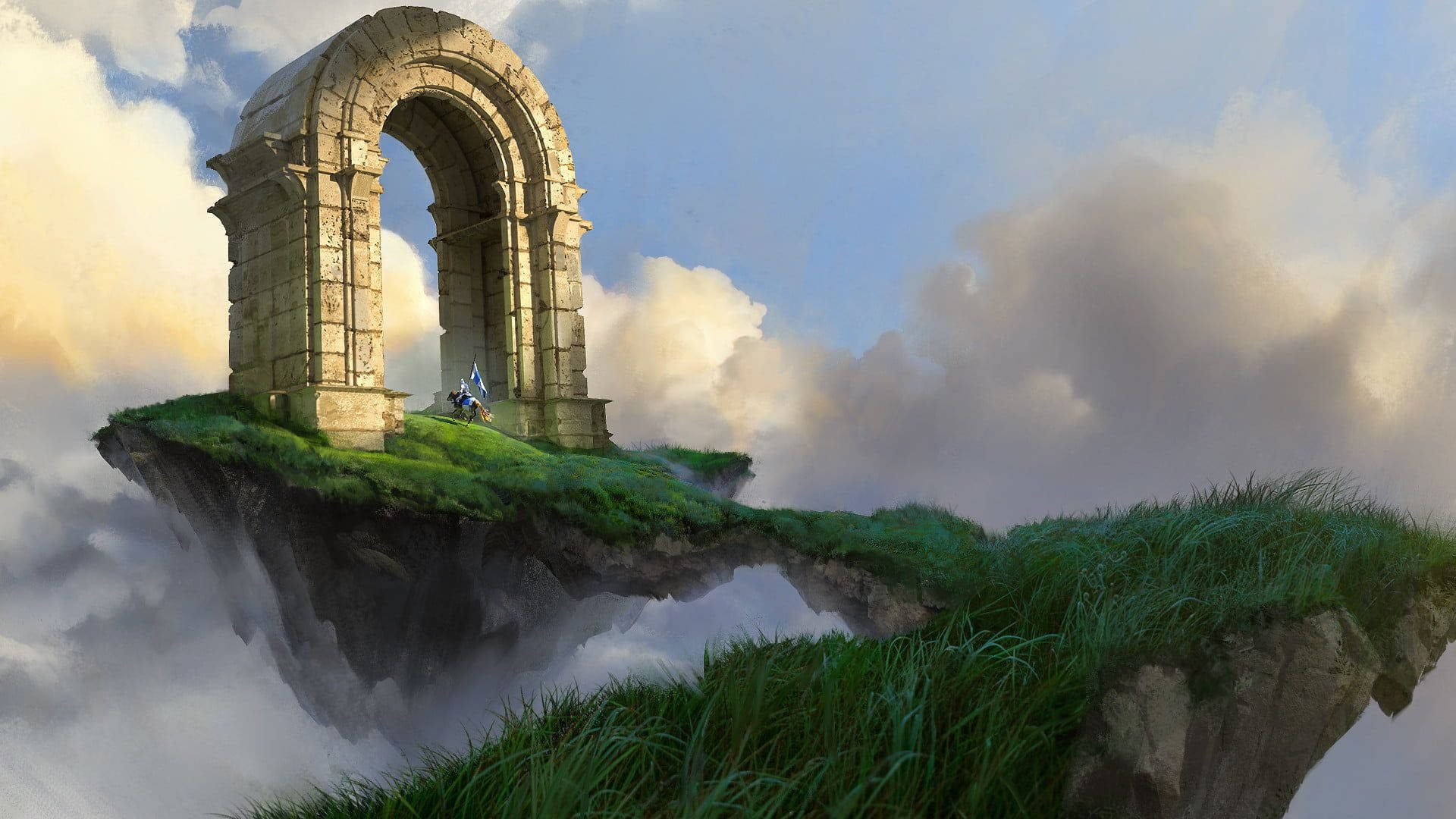 Floating Island, stone arch, green grass, Full HD Desktop Wallpaper