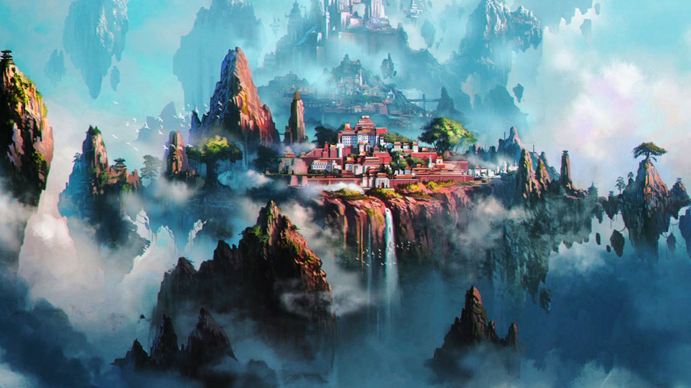 floating mountain village, red-roofed buildings, jagged peaks, HD Desktop Wallpaper