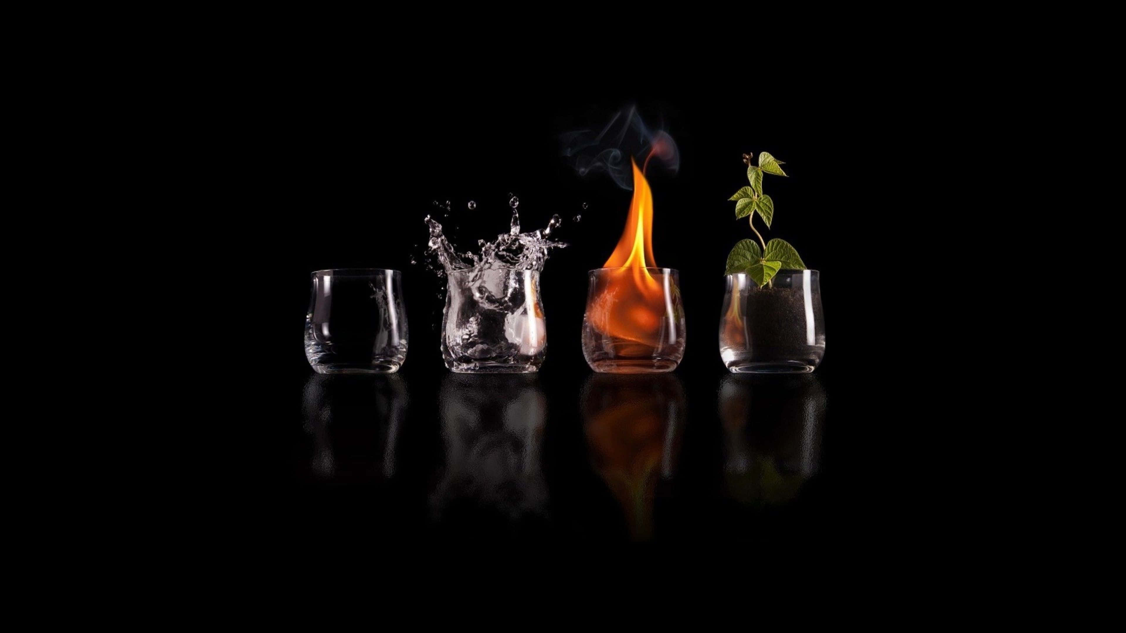 floating island, water fire earth air, splash flame plant, 4K Desktop Wallpaper