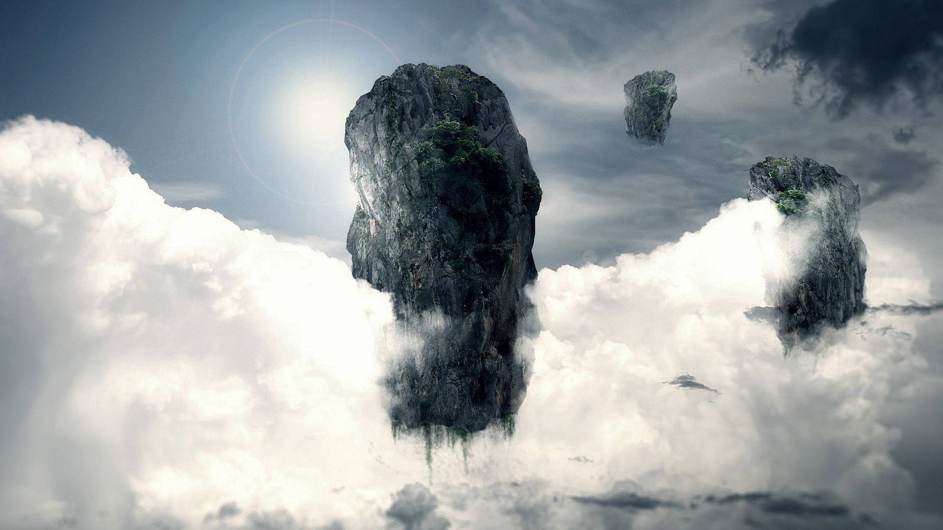 floating rock islands, jagged rock formations, swirling clouds, Full HD Desktop Wallpaper