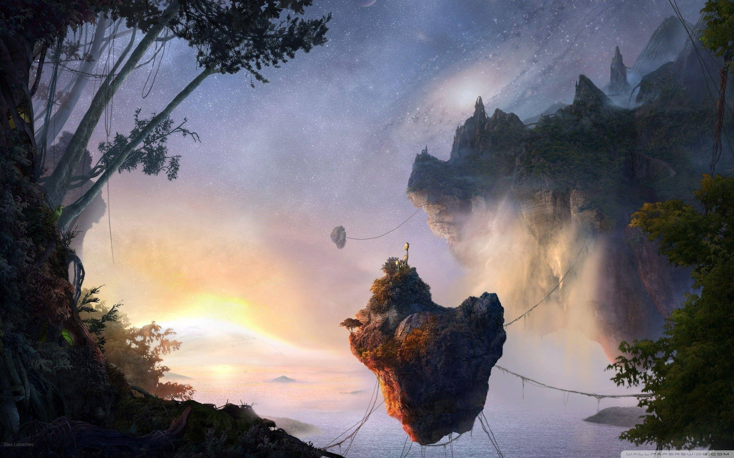 floating island, sunset, misty mountains, 2K Desktop Wallpaper