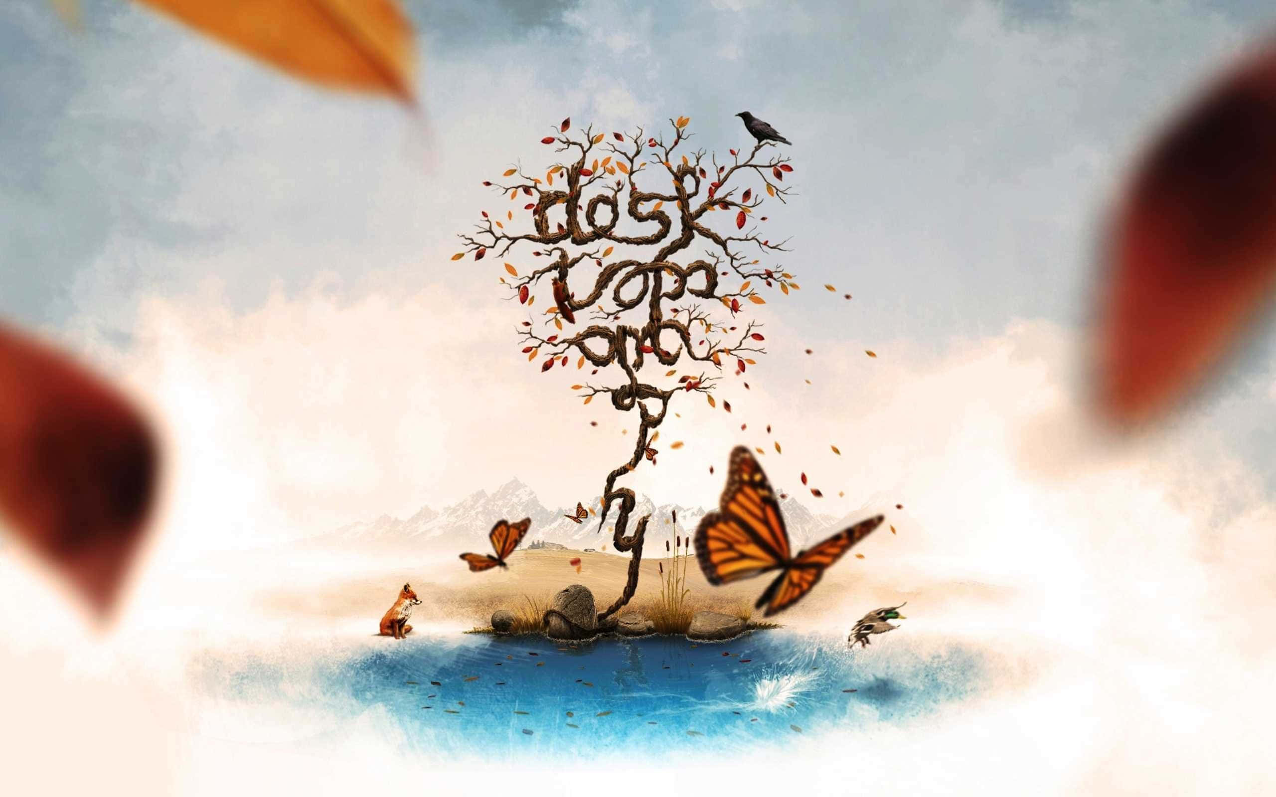 Floating Islands, autumn leaves, butterflies, 2K Desktop Wallpaper