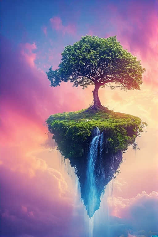 Floating Island, waterfall, tree, SD Phone Wallpaper