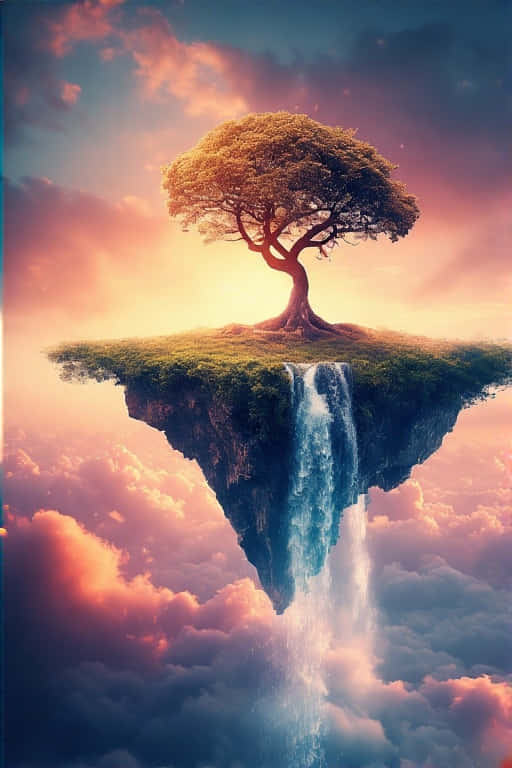 Floating Island, waterfall, tree, SD Phone Wallpaper
