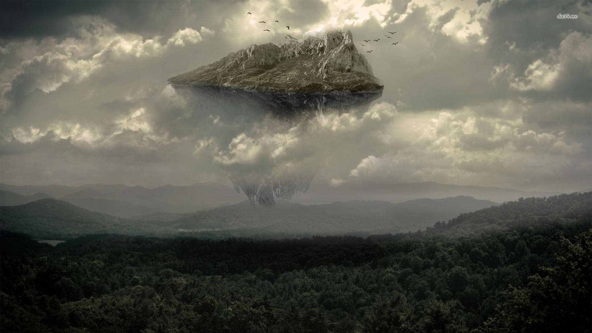 floating mountain, stormy skies, dense forested valley, Full HD Desktop Wallpaper