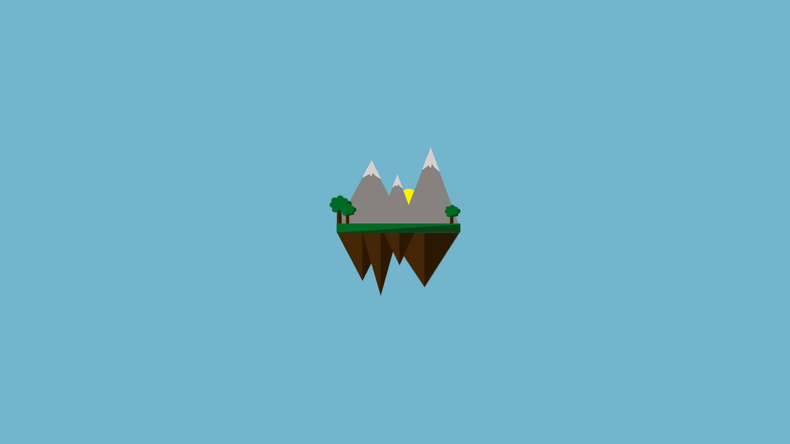 minimalist floating island, snow-capped mountains, green trees, 2K Desktop Wallpaper