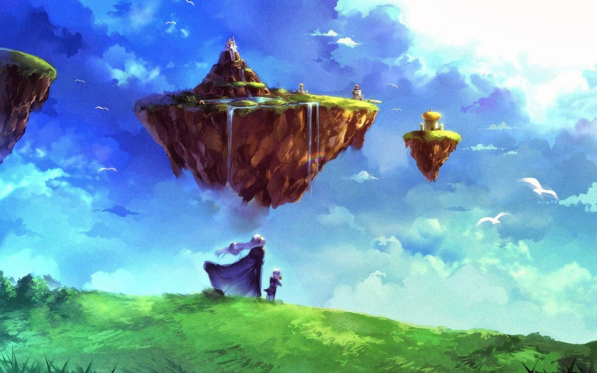 purple cloak, floating islands, waterfalls, Full HD Desktop Wallpaper
