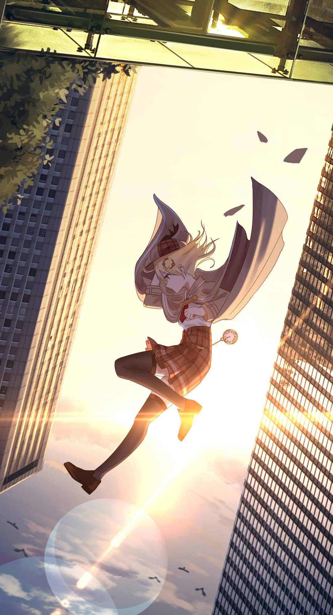 anime girl, school uniform, skyscrapers, Full HD Phone Wallpaper