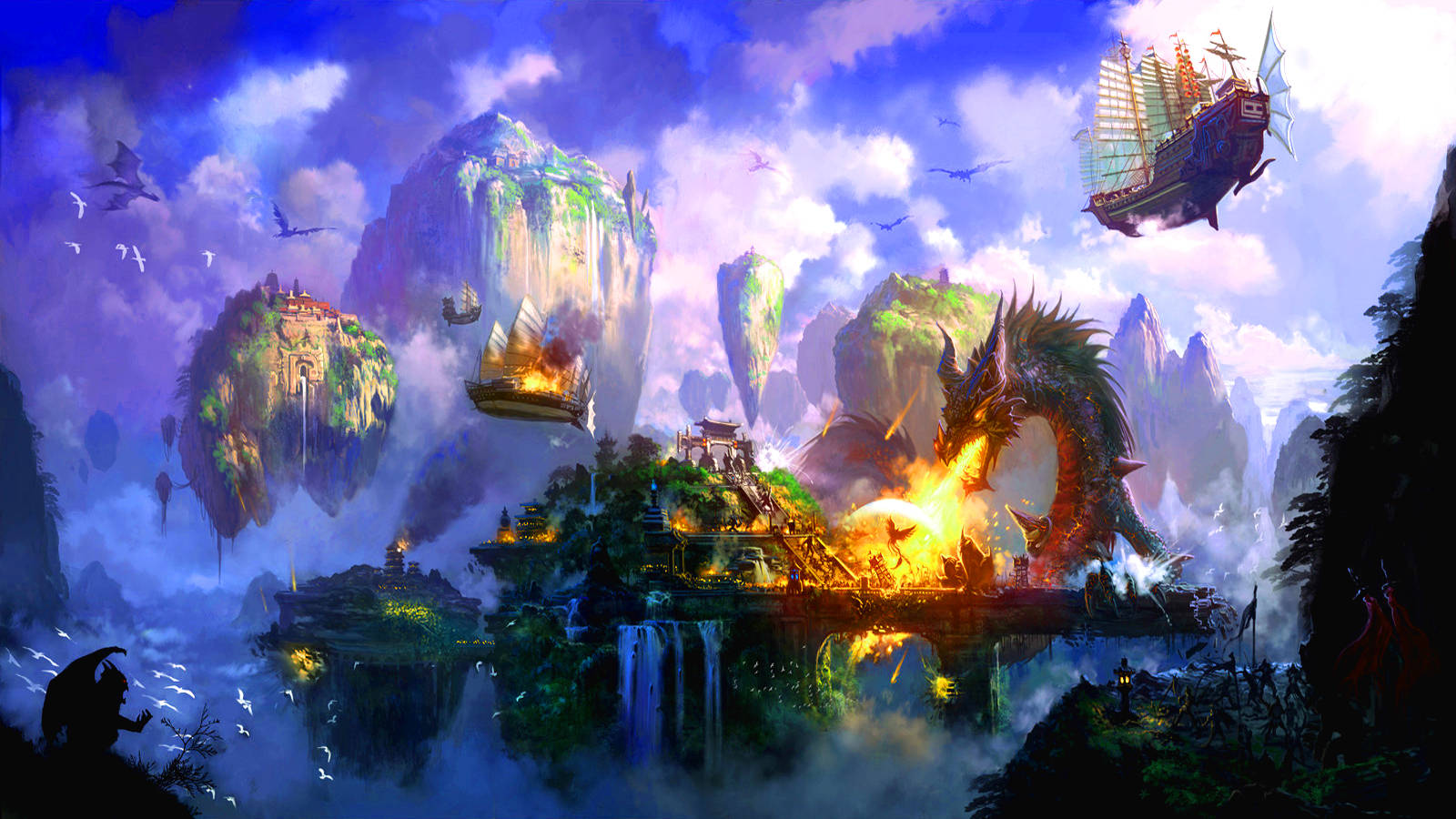dragon, floating island fortress, airships, HD Desktop Wallpaper