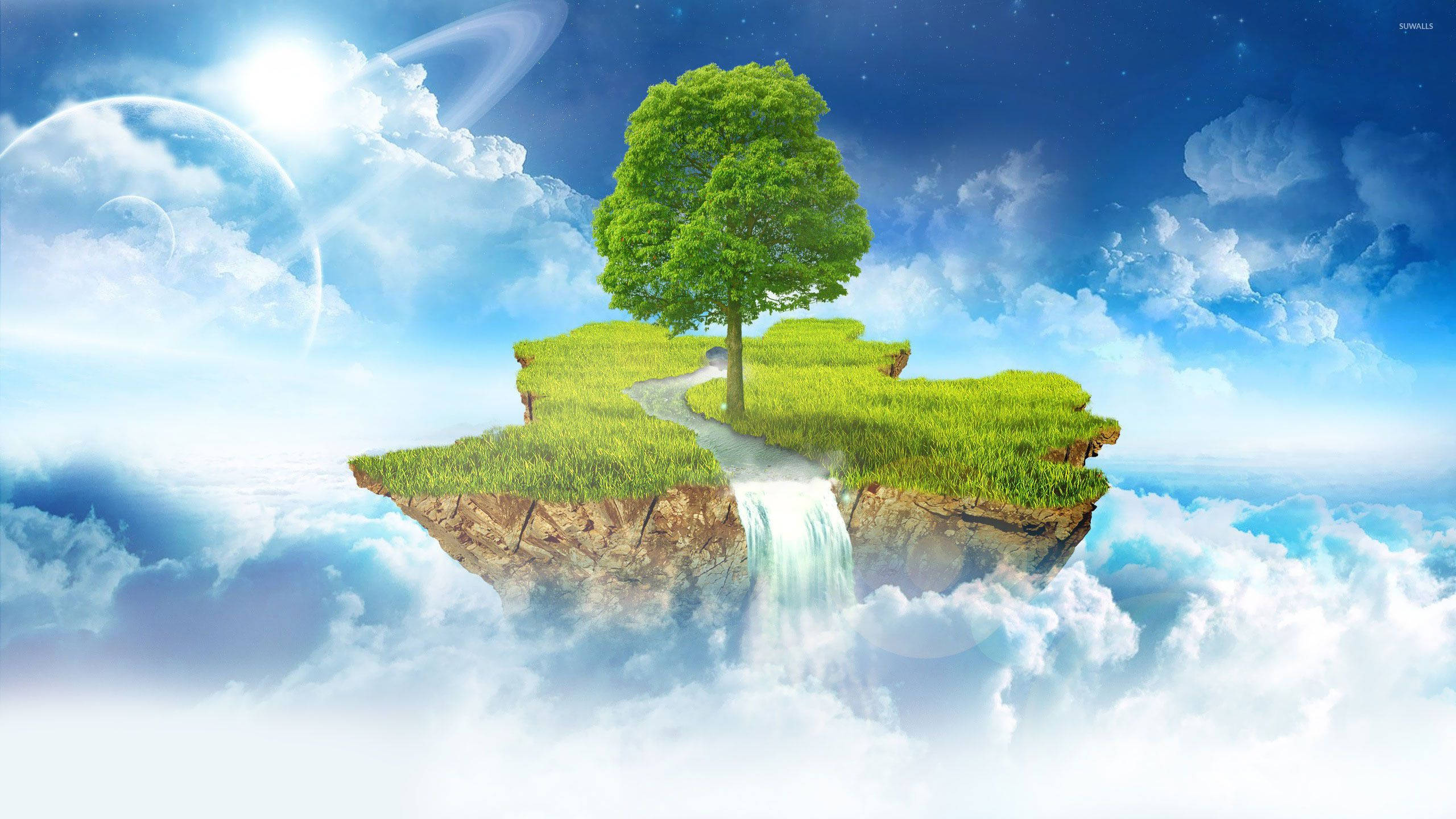 floating green island, lone tree, waterfall, 2K Desktop Wallpaper
