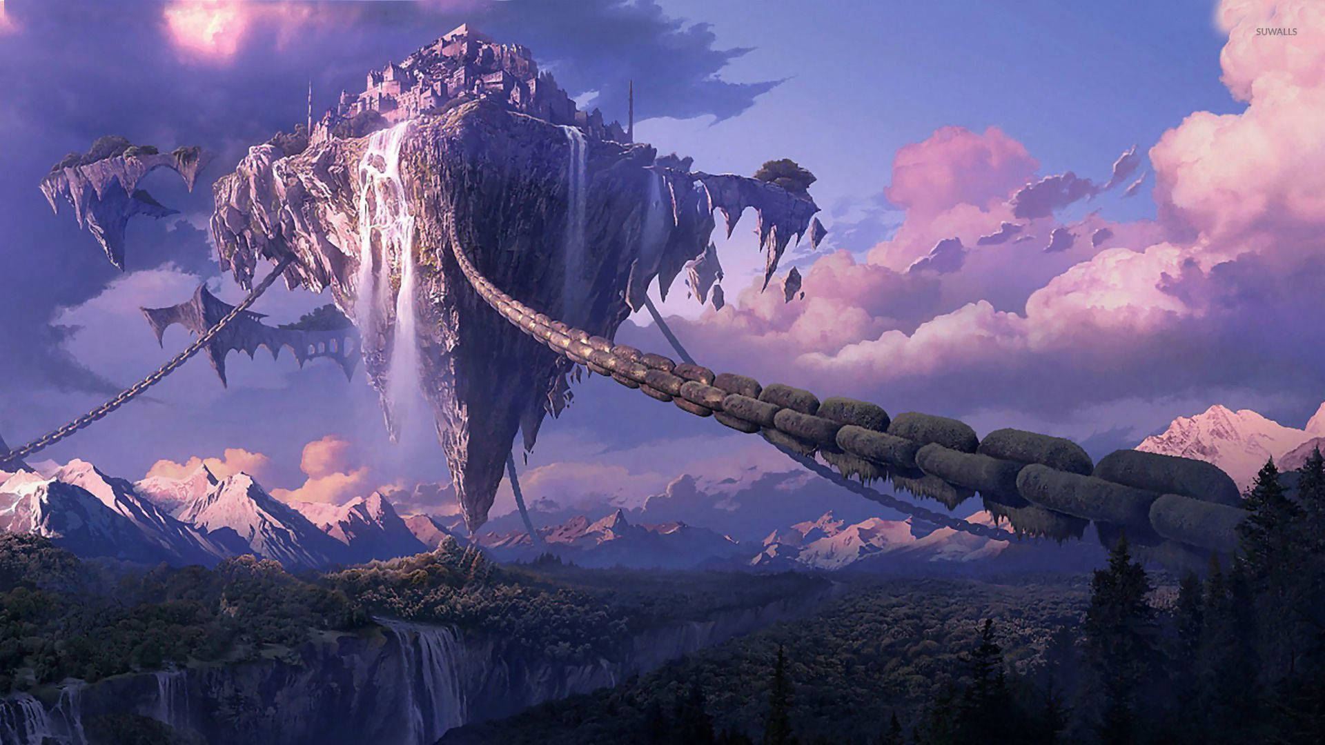 floating mountain fortress, cascading waterfalls, stone bridge, Full HD Desktop Wallpaper