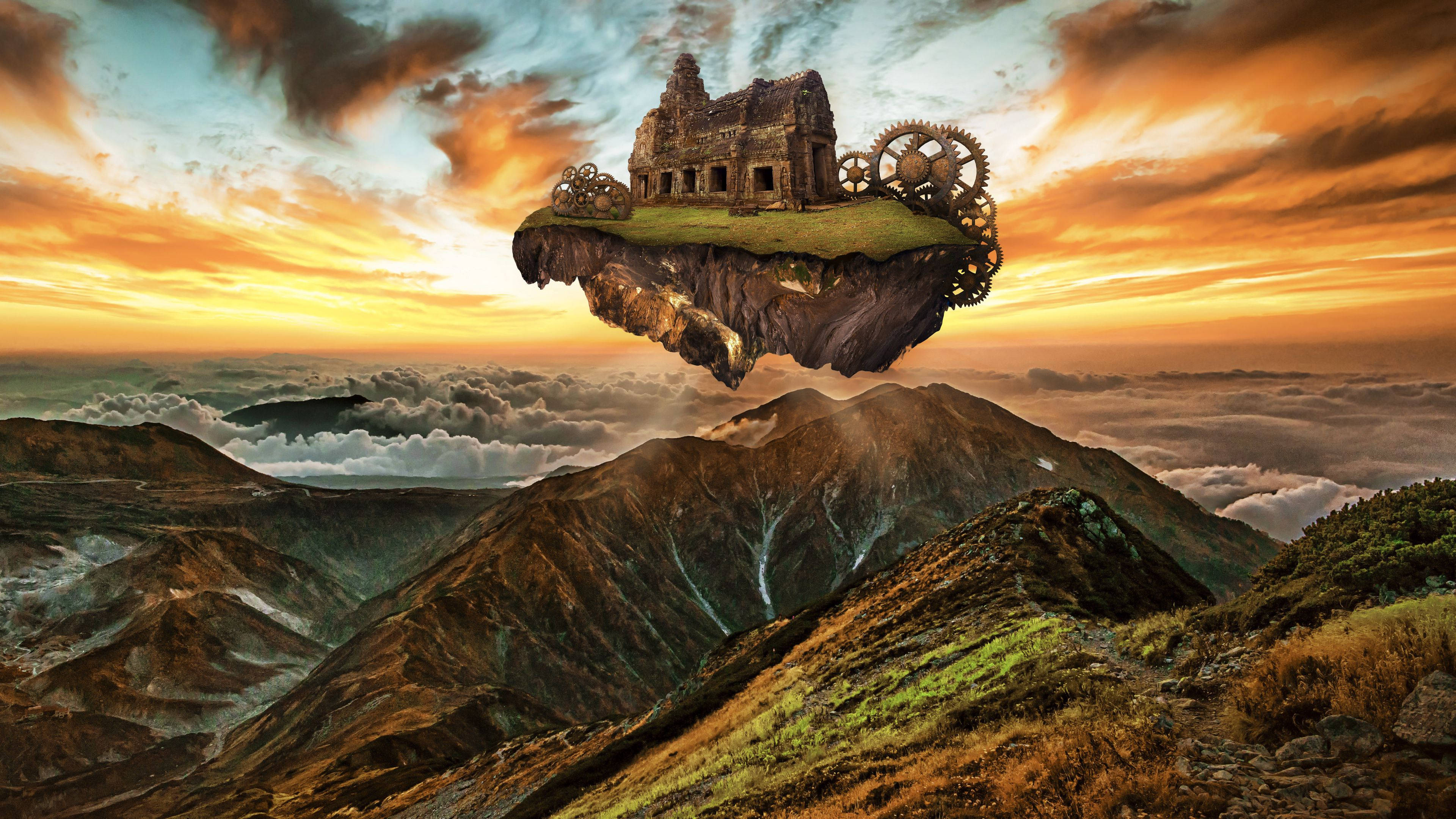 steampunk, floating island, crumbling castle, 4K Desktop Wallpaper