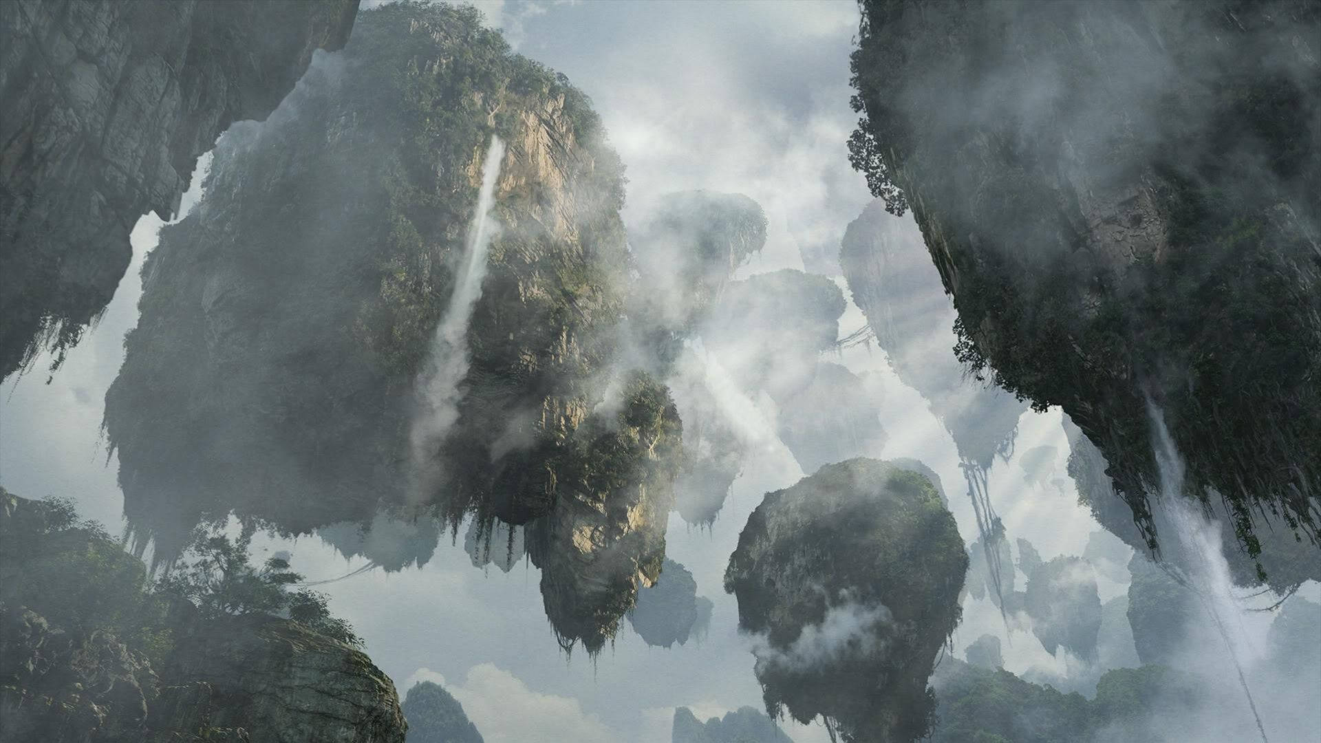 floating island, lush greenery, cascading waterfalls, Full HD Desktop Wallpaper