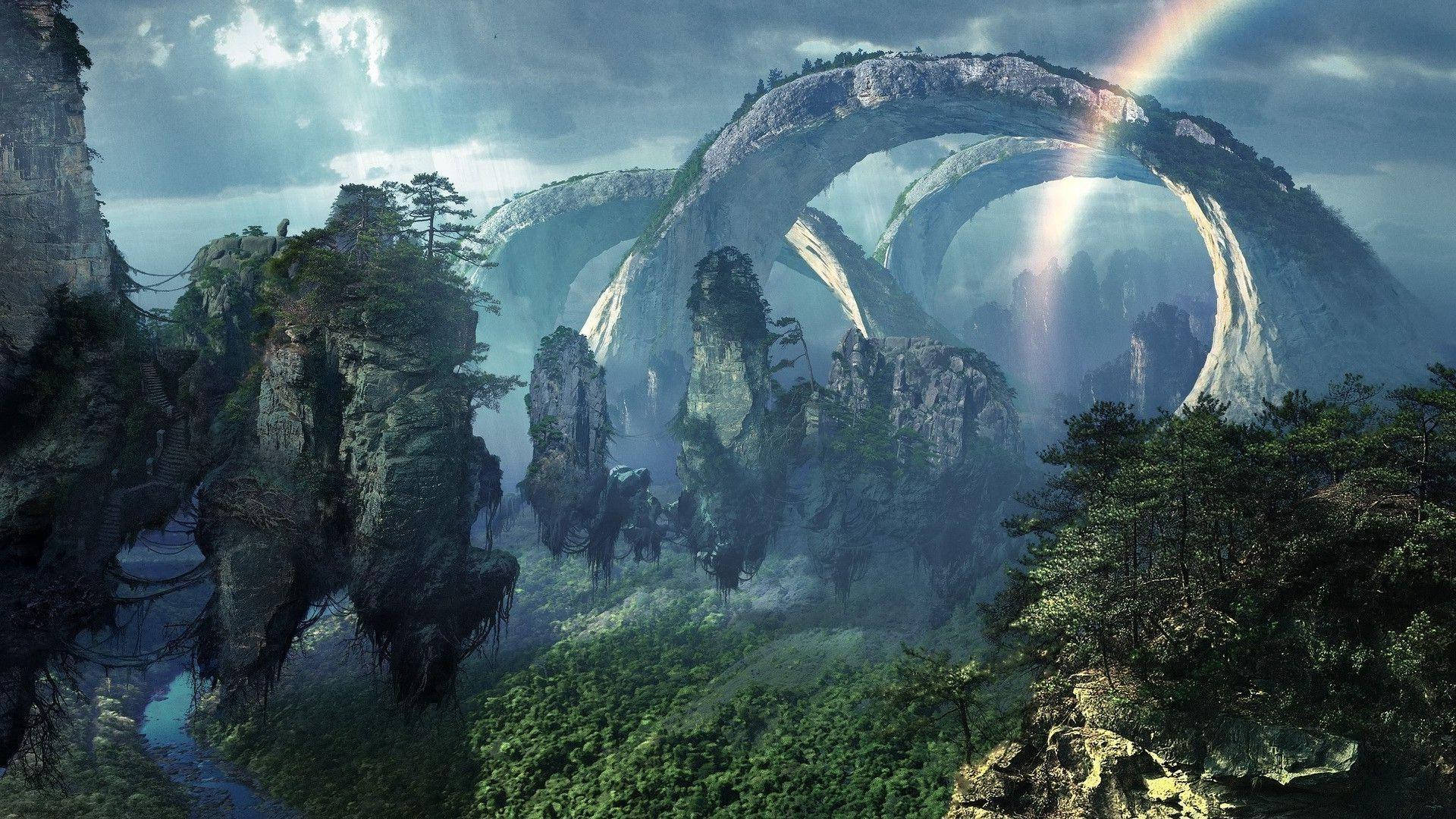 floating island, colossal stone arches, misty forests, Full HD Desktop Wallpaper