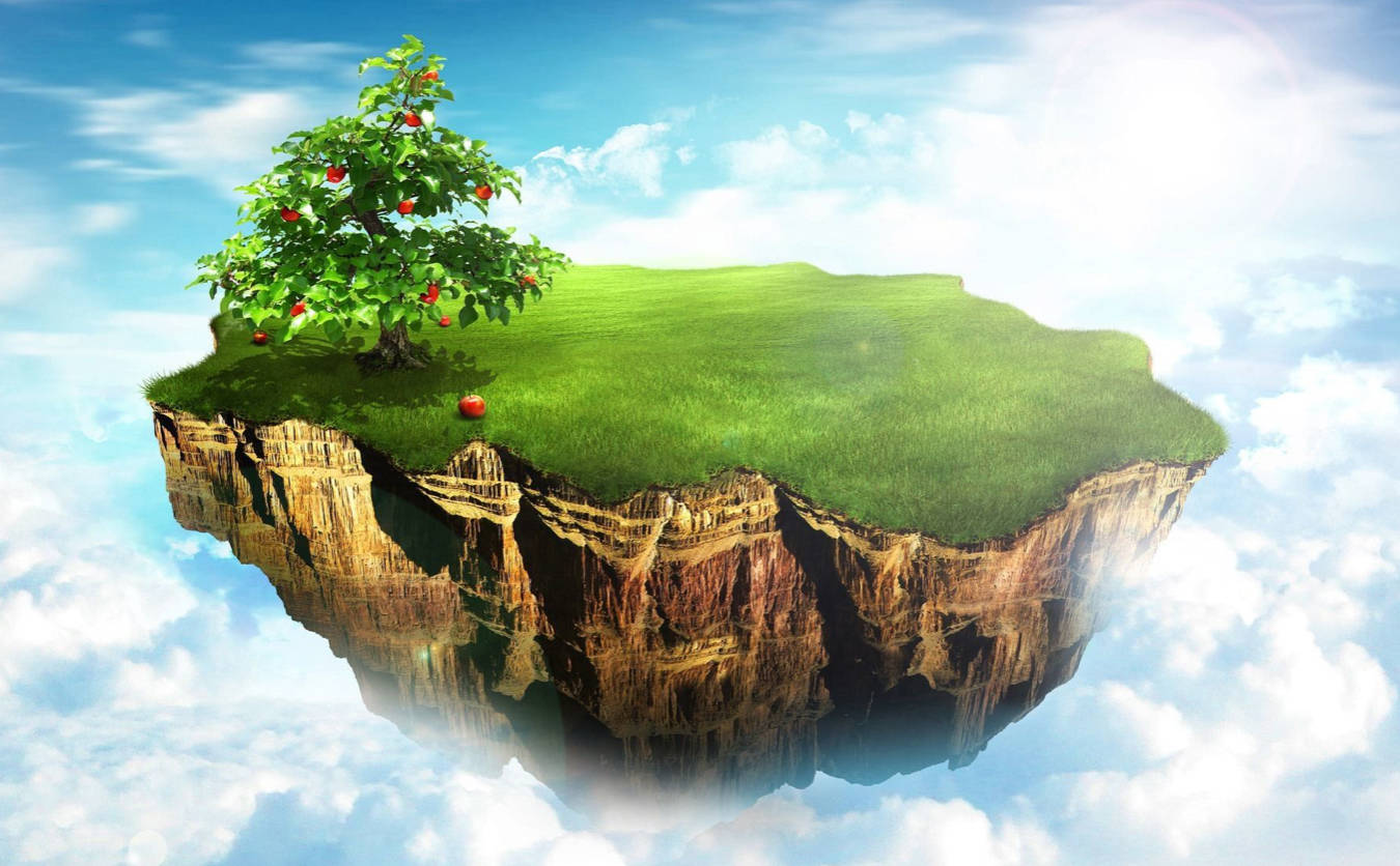 floating island, lush green grass, fruit tree, HD Desktop Wallpaper