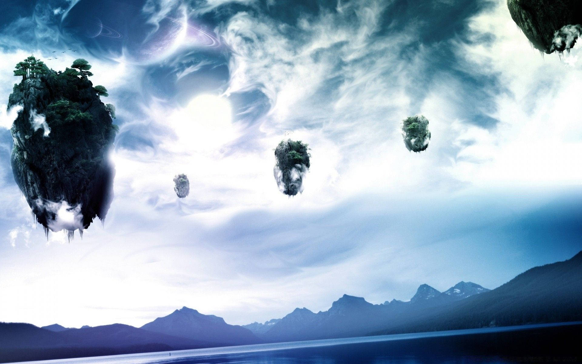 floating island, stormy sky, lush trees, Full HD Desktop Wallpaper