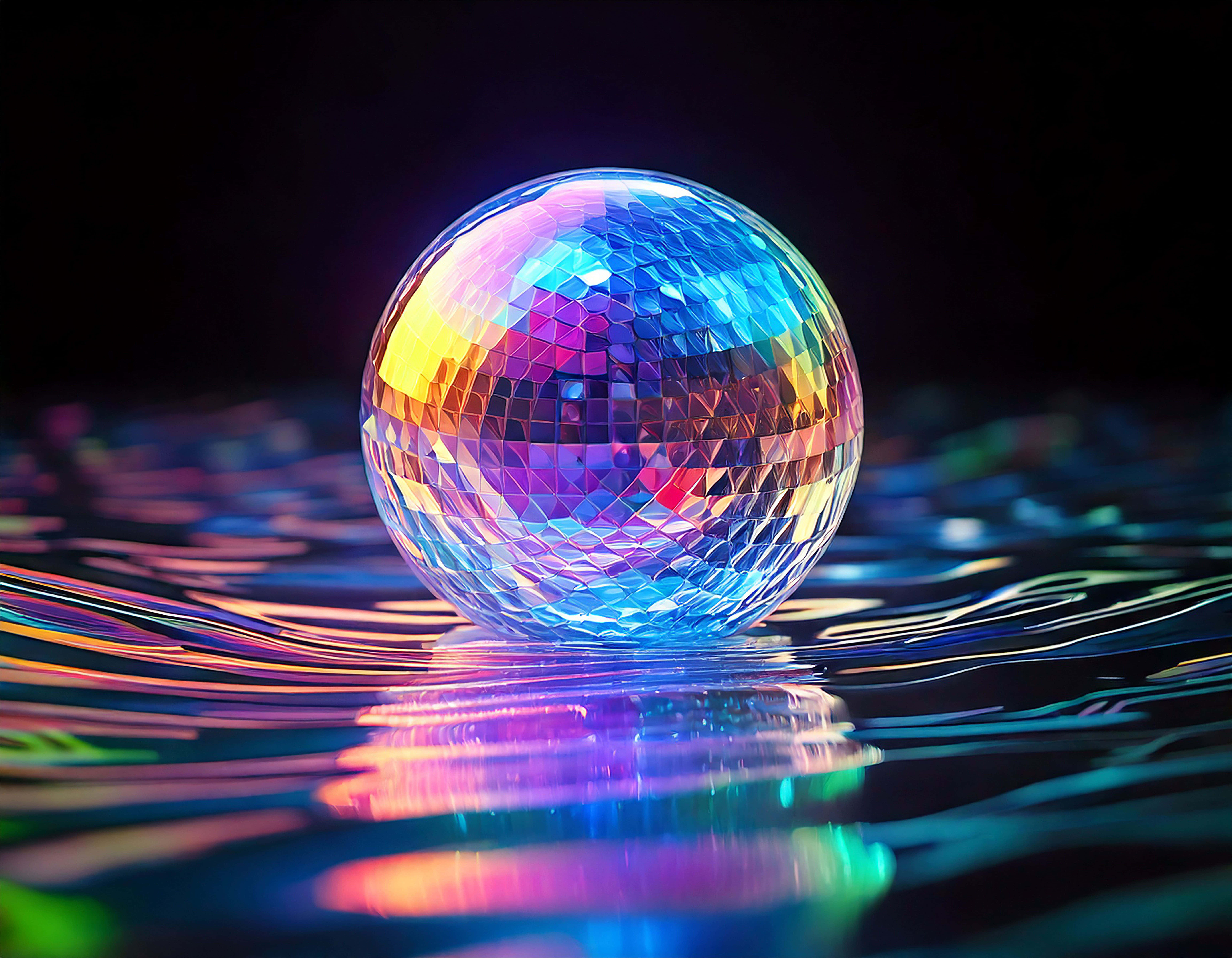 holographic sphere, disco ball, neon hues, 8K Desktop Wallpaper