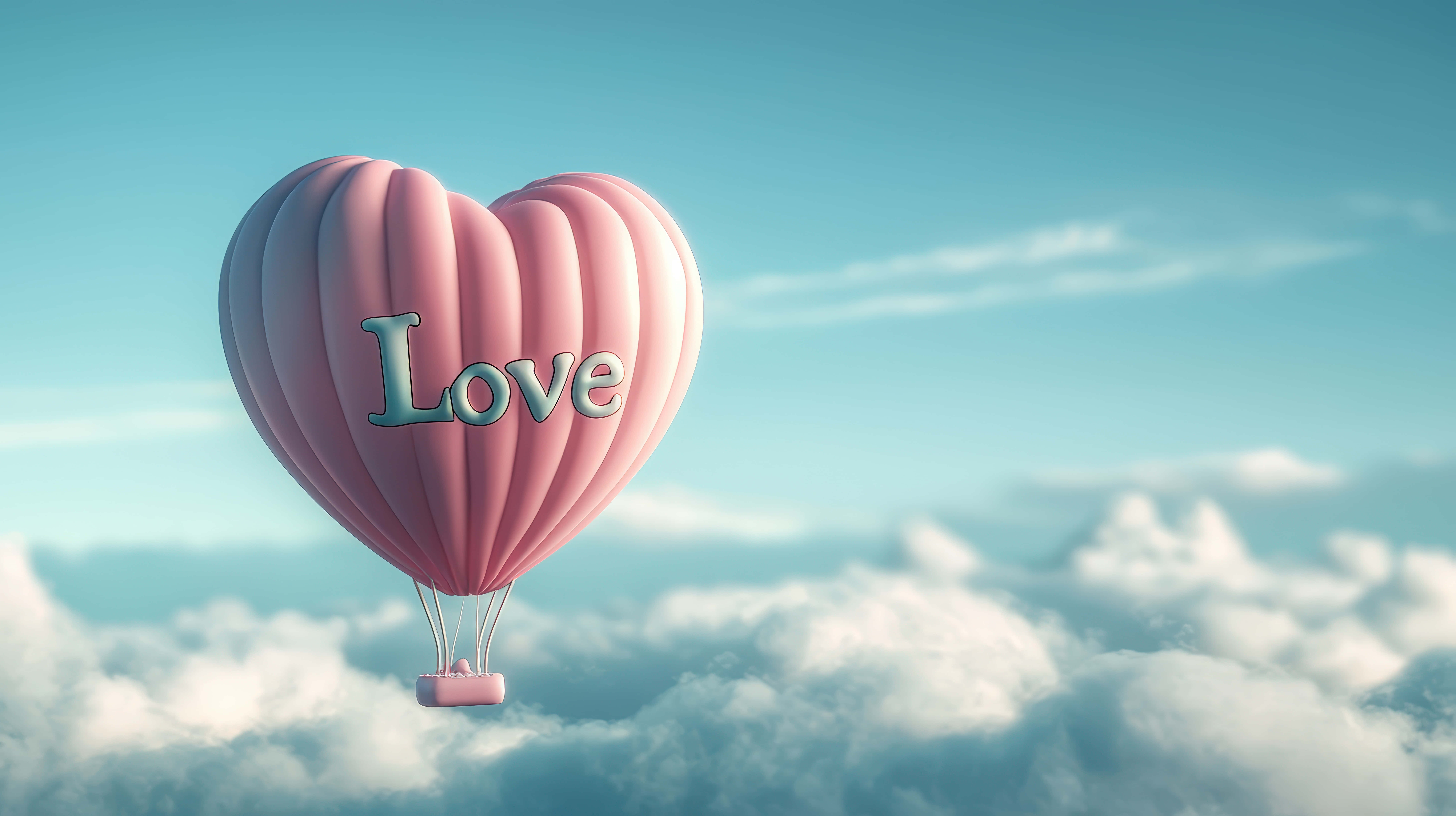 pink heart-shaped hot air balloon, love, fluffy white clouds, 8K Desktop Wallpaper