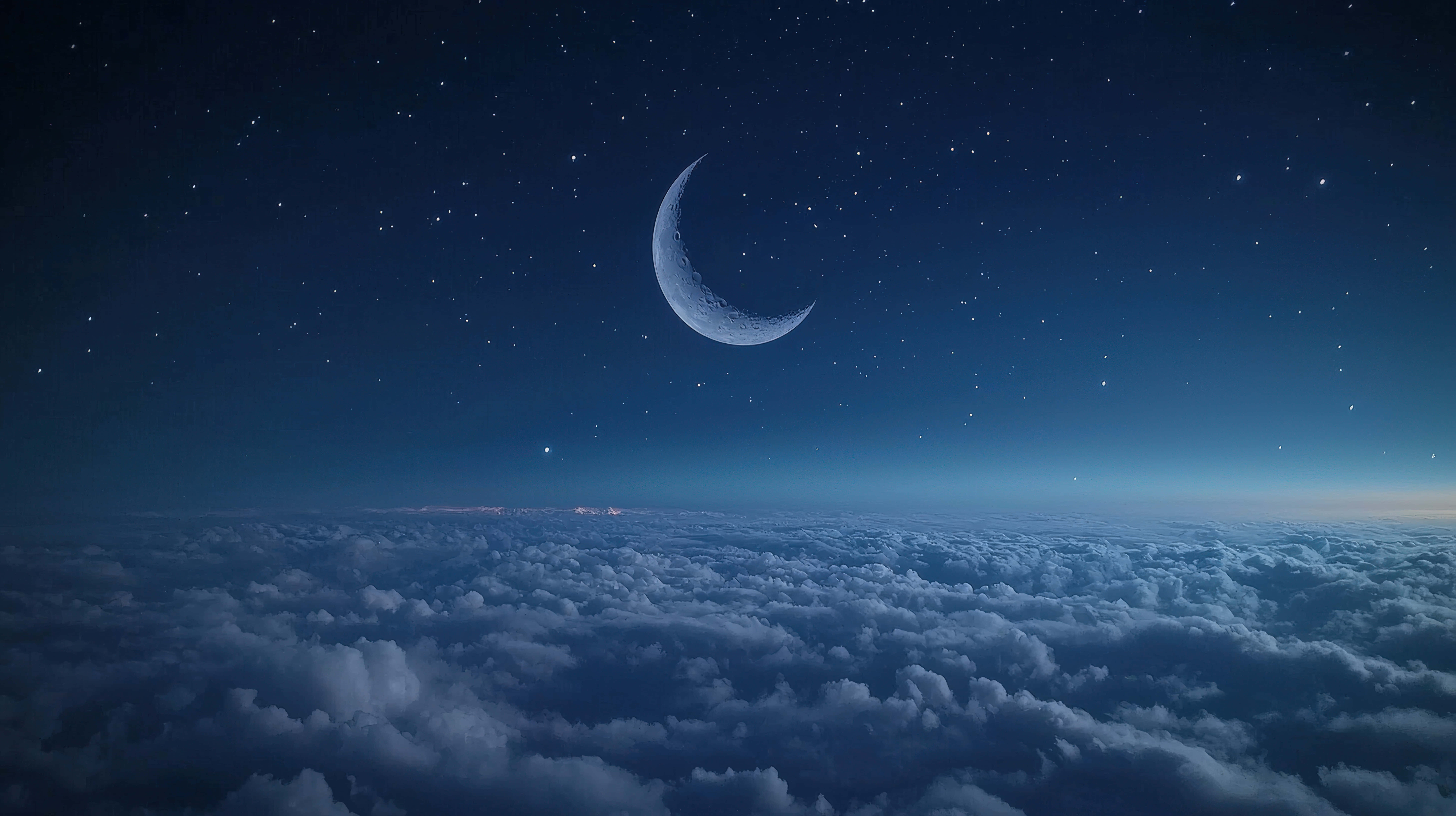 crescent moon, vast cloudscape, starry twilight sky, 8K Desktop Wallpaper