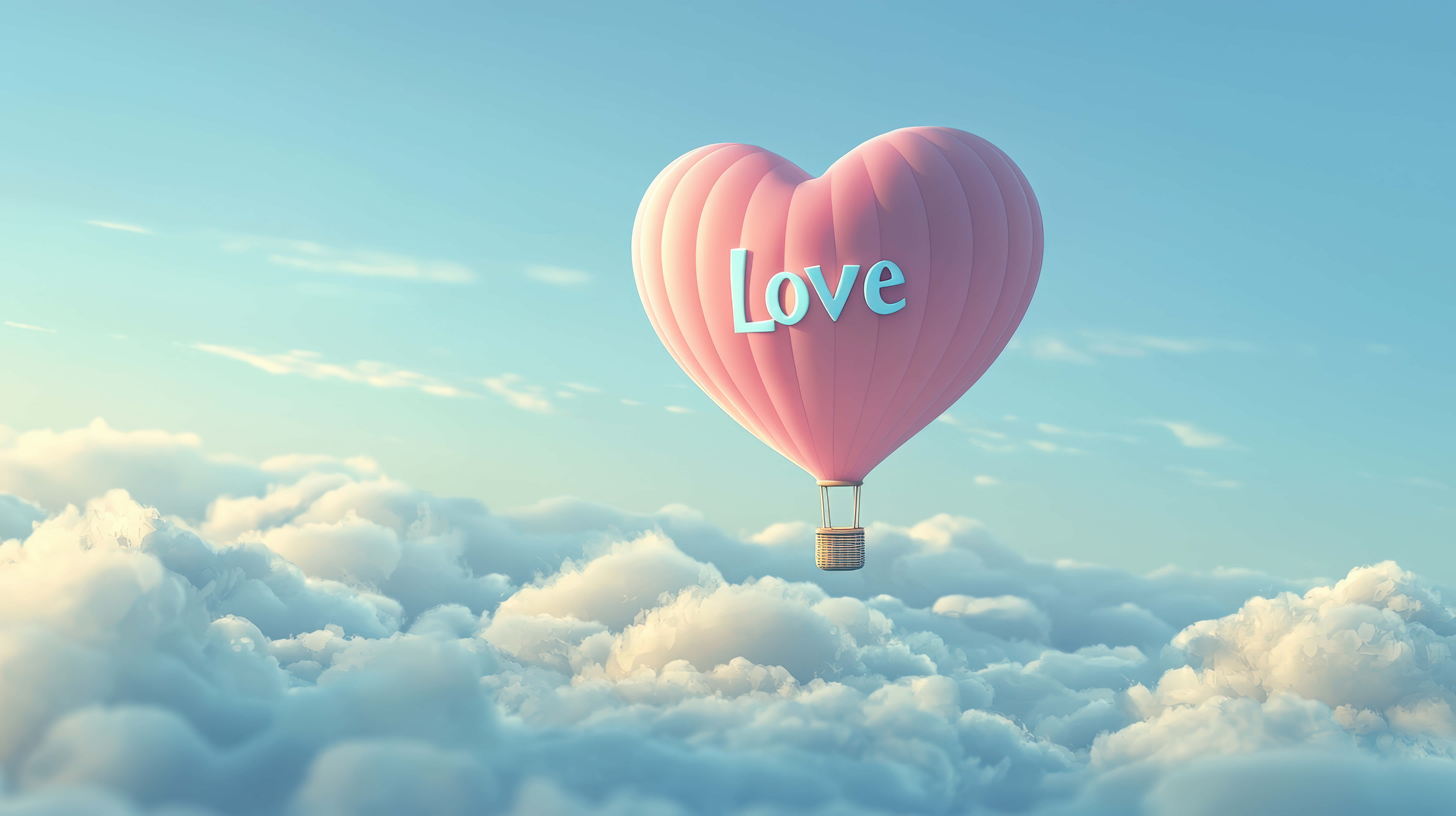 heart shaped pink hot air balloon, love written on it, fluffy white clouds, 8K Desktop Wallpaper