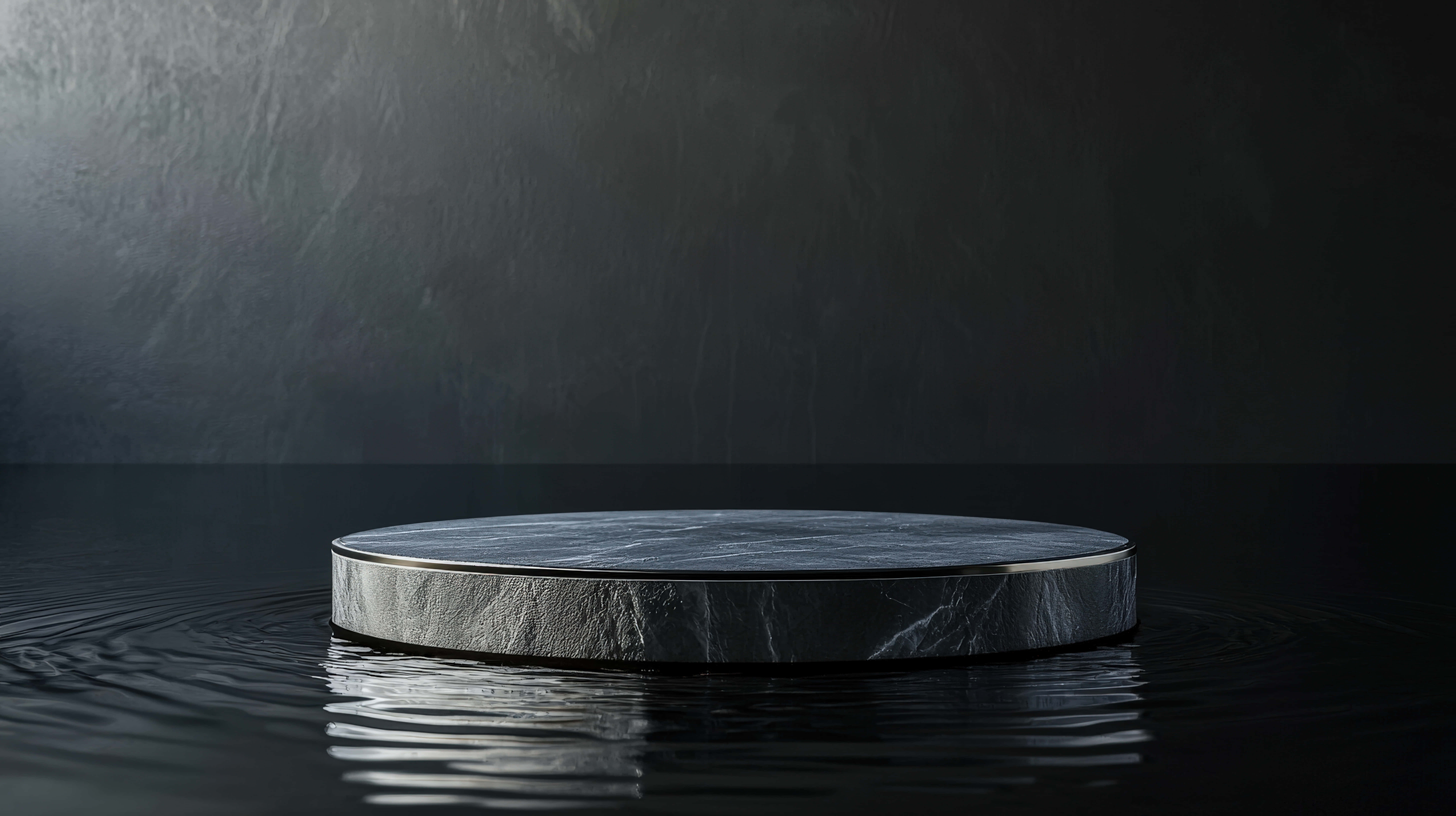 minimalist black marble platform, still water, textured charcoal wall, 8K Desktop Wallpaper