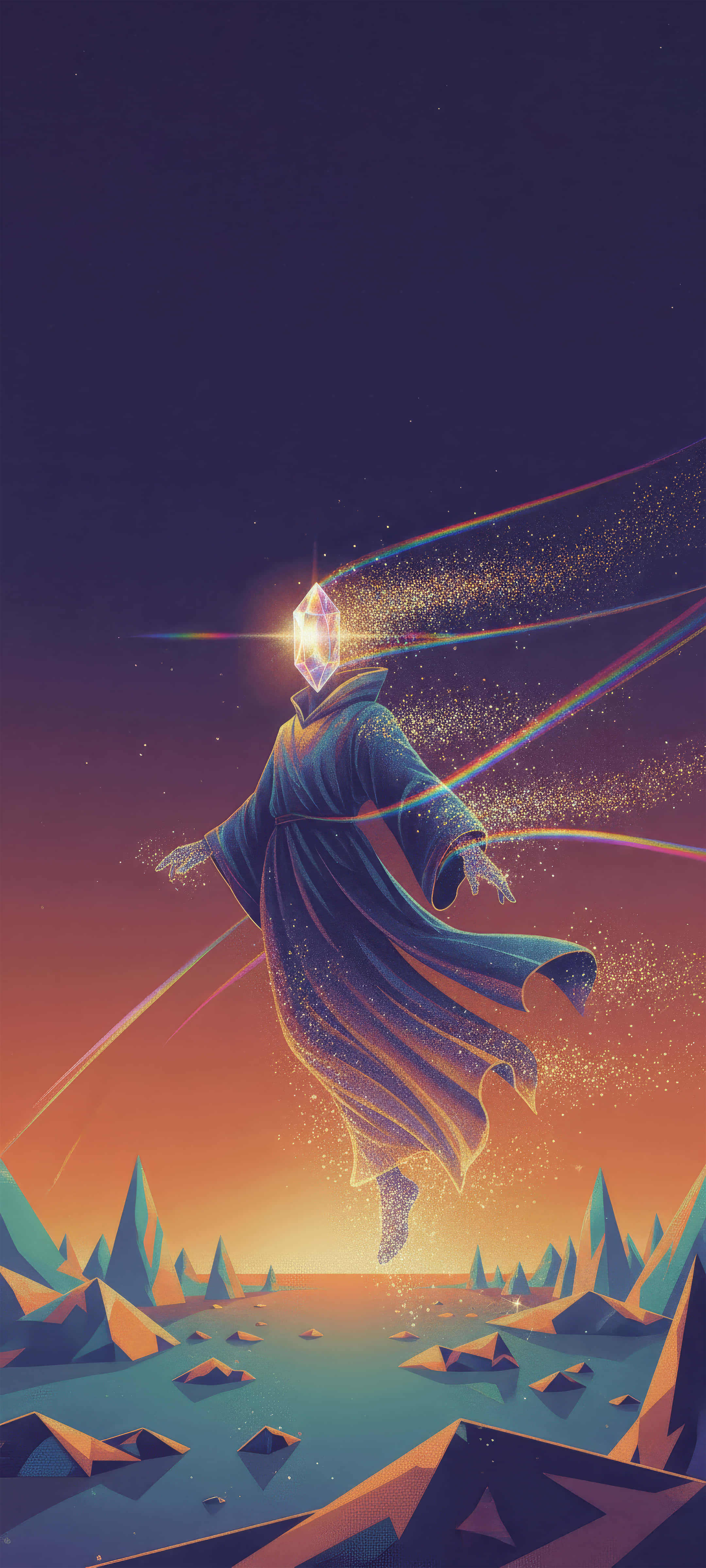 crystal mage, glowing crystal-headed figure, flowing blue robe, 4K Phone Wallpaper