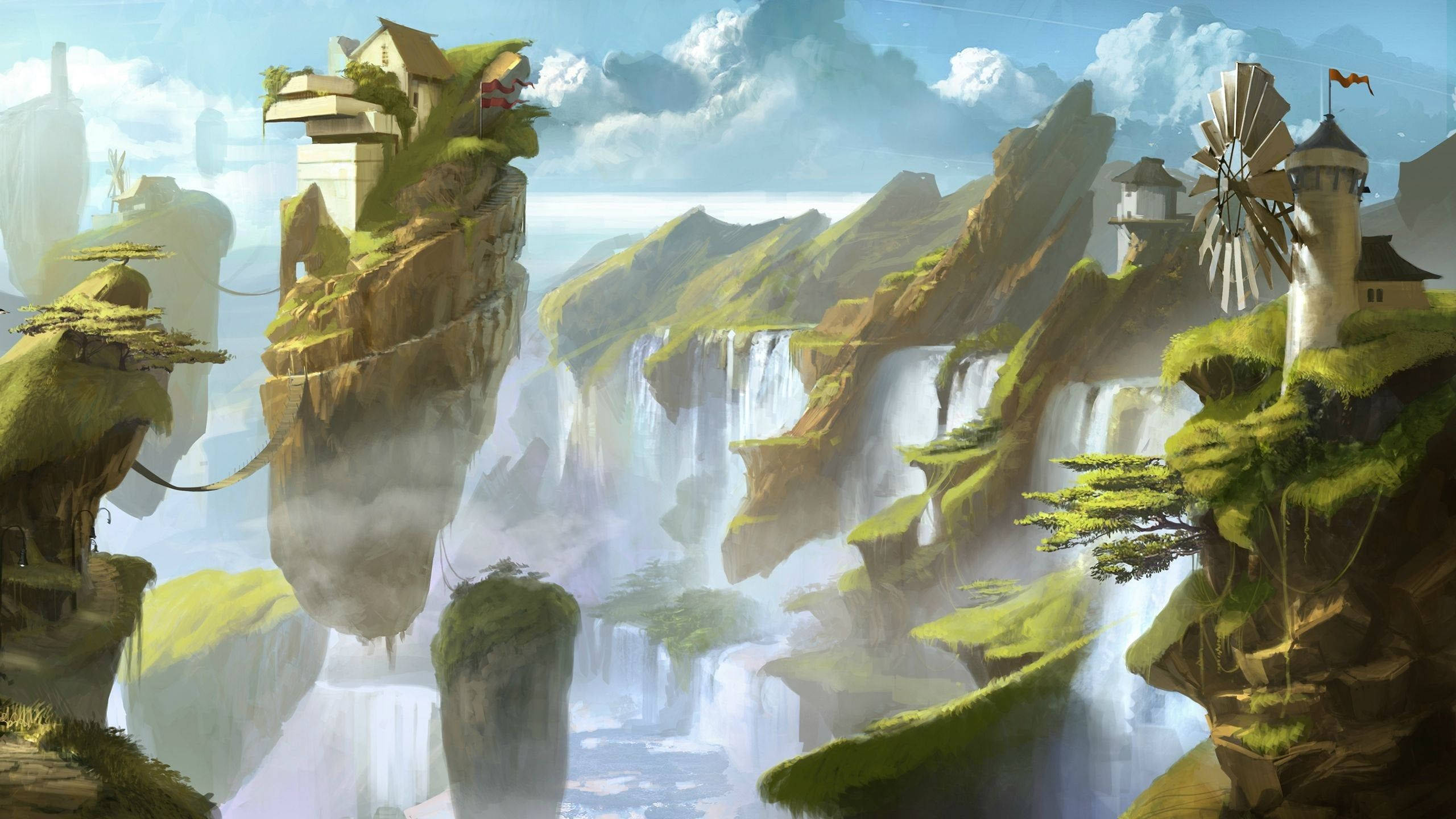 floating island, white windmill, mossy cliffs, 2K Desktop Wallpaper