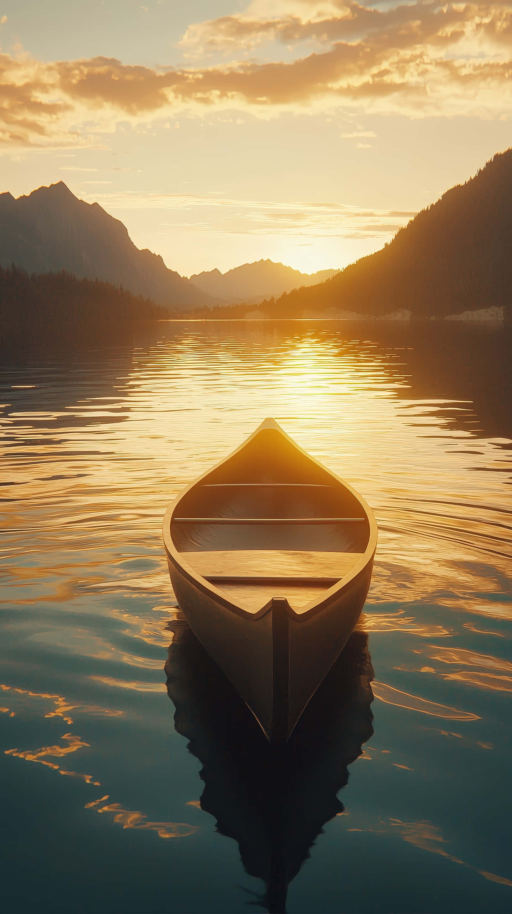wooden canoe, calm lake, golden sunset, 2K Phone Wallpaper