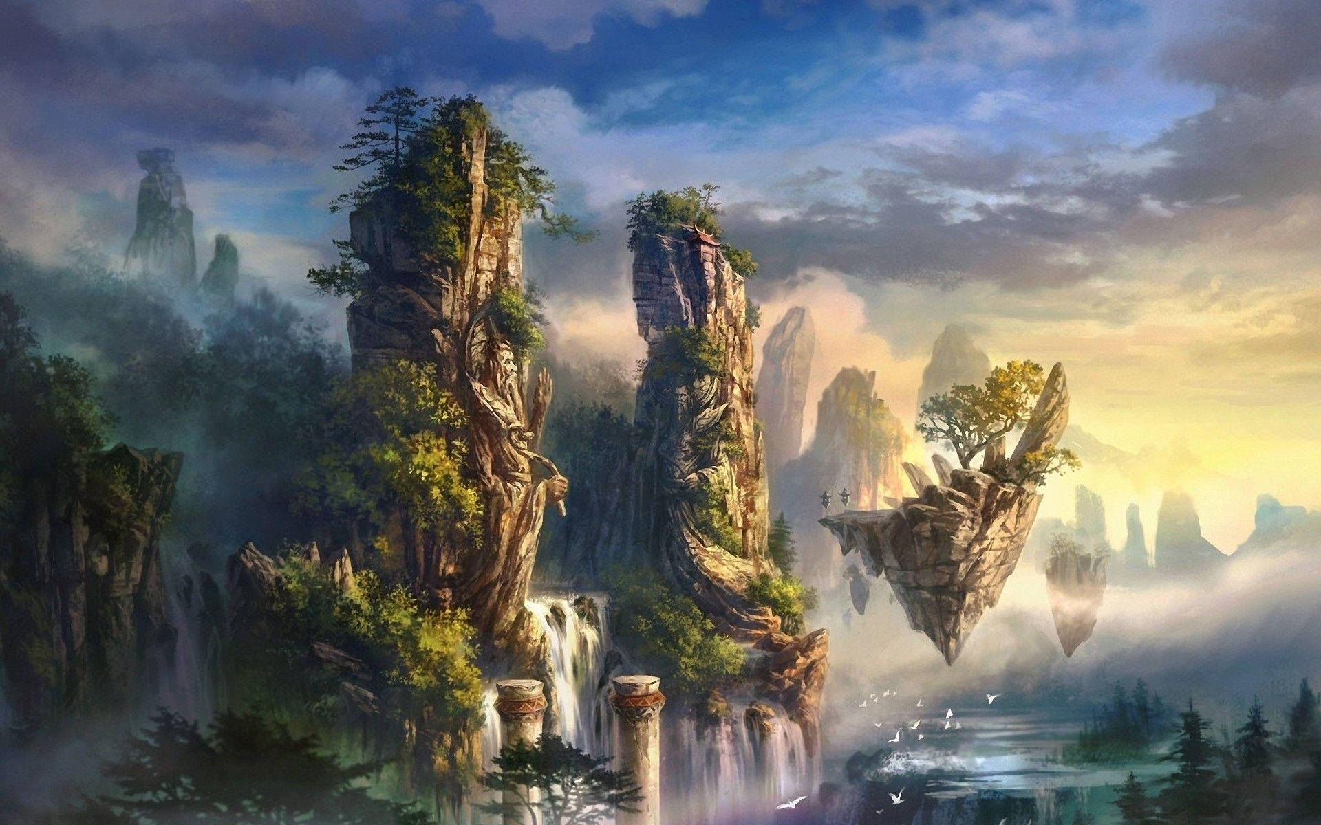 floating island, misty waters, dramatic sky, Full HD Desktop Wallpaper