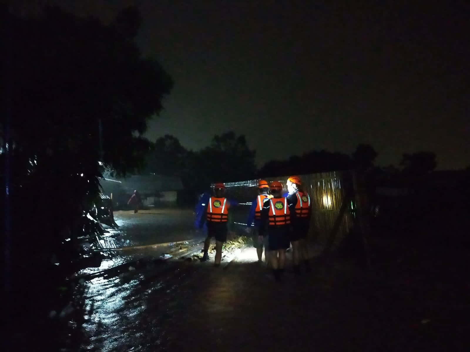 orange safety vests, helmets, dark flooded street, HD Desktop Wallpaper