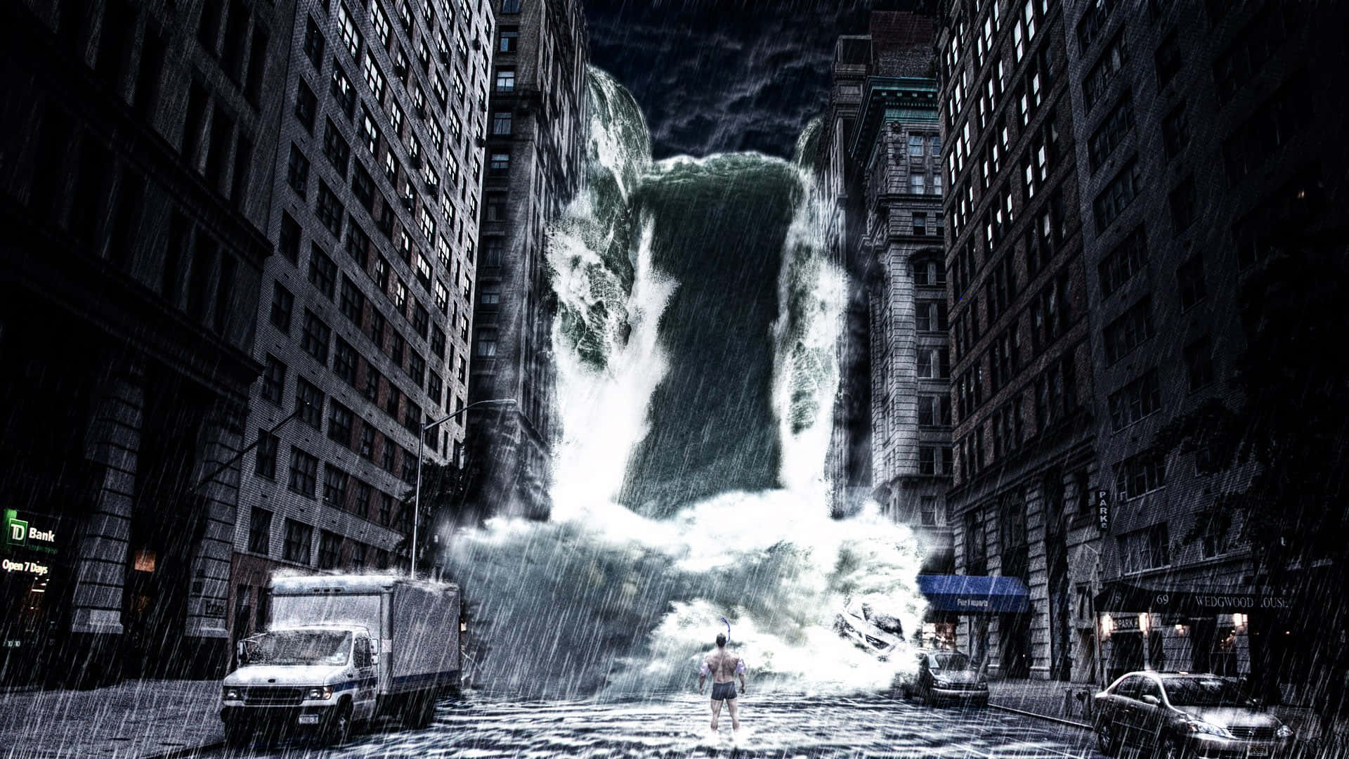 Tsunami Flood In The City, massive waterfall, rain-soaked urban canyon, Full HD Desktop Wallpaper