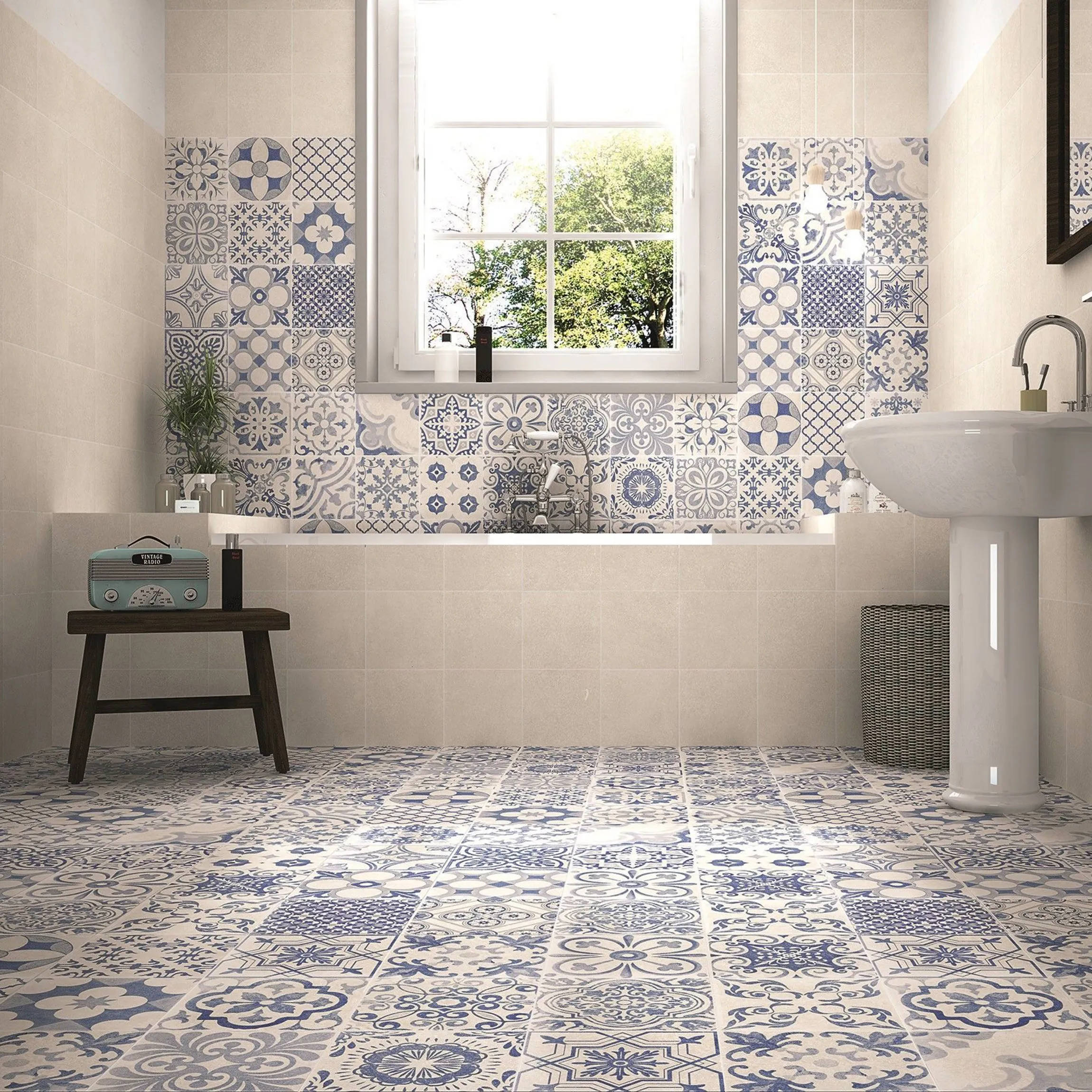 Greek-inspired, blue and white patterned tiles, bathroom, Full HD Desktop Wallpaper