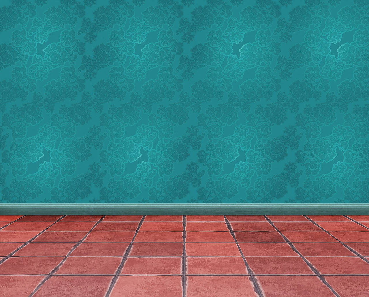 blue green wallpaper, red oxide floor tiles, teal damask wallpaper, HD Desktop Wallpaper