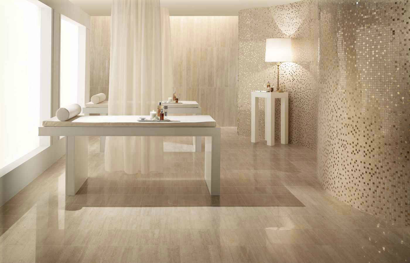 ceramic wooden floor tiles, spa room, white massage tables, HD Desktop Wallpaper