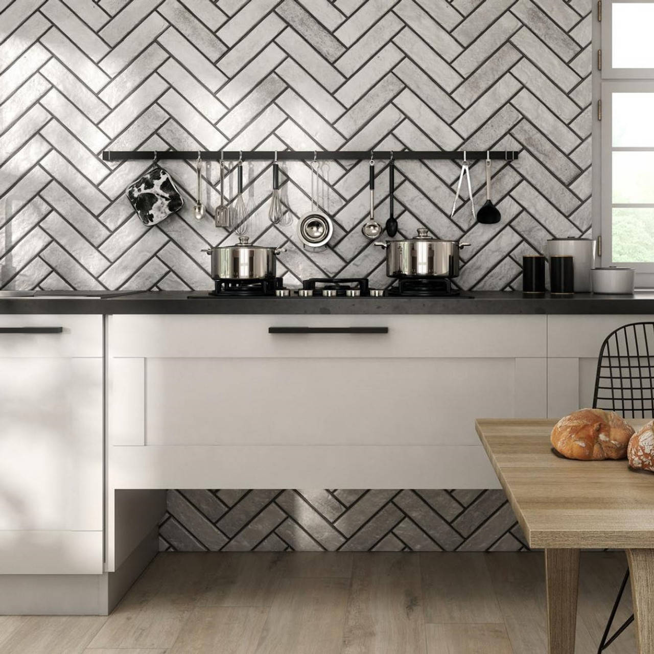 black and white floor tiles, wooden accent, herringbone gray tile backsplash, HD Desktop Wallpaper