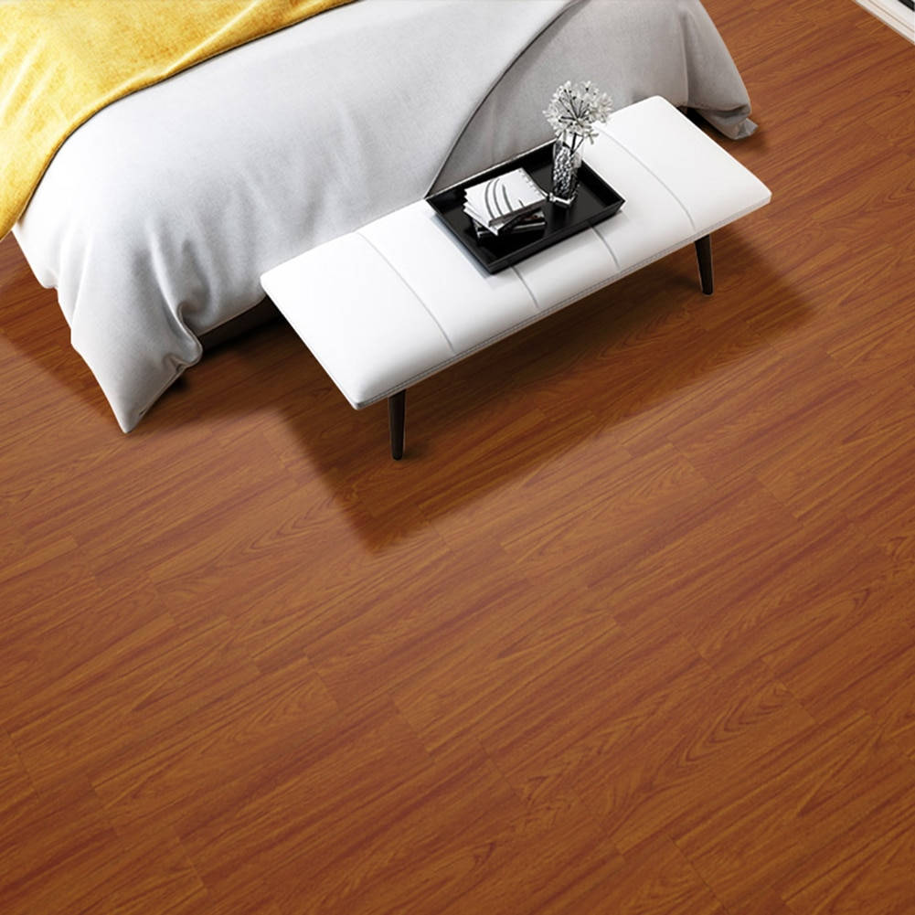 dark brown wooden floor tiles, white tufted bench, black tray, SD Desktop Wallpaper