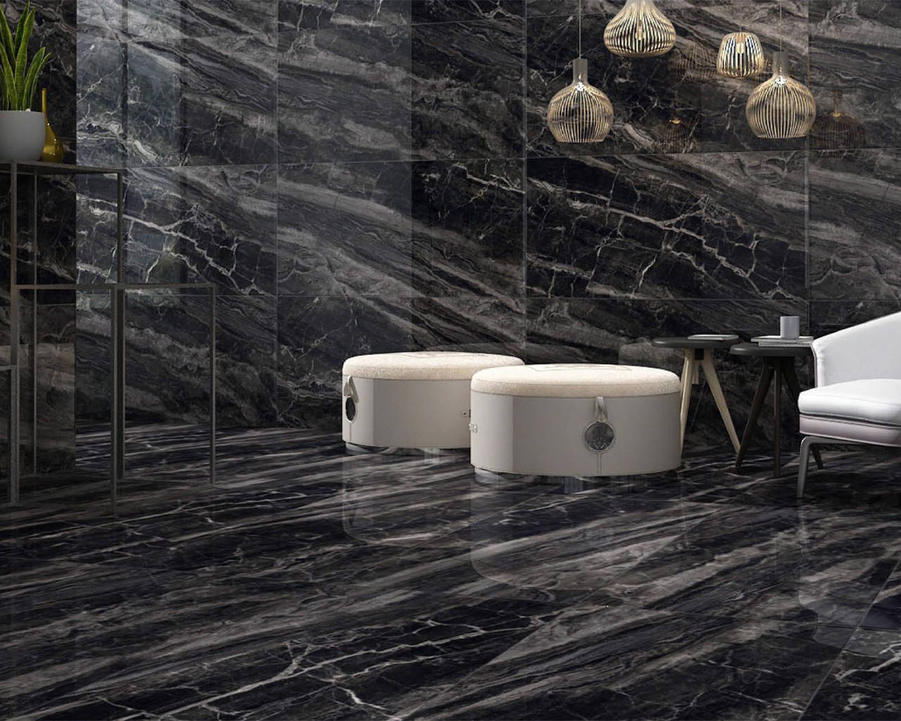 black marble floor, modern lounge, white ottomans, HD Desktop Wallpaper