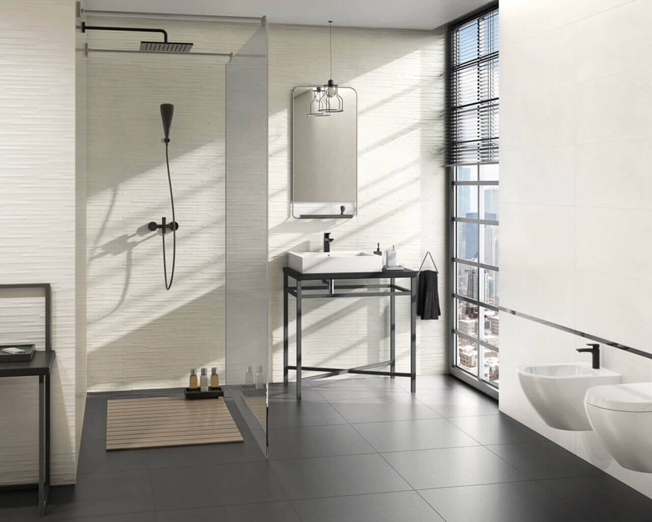 polished black floor tiles, modern minimalist bathroom, sleek black fixtures, HD Desktop Wallpaper