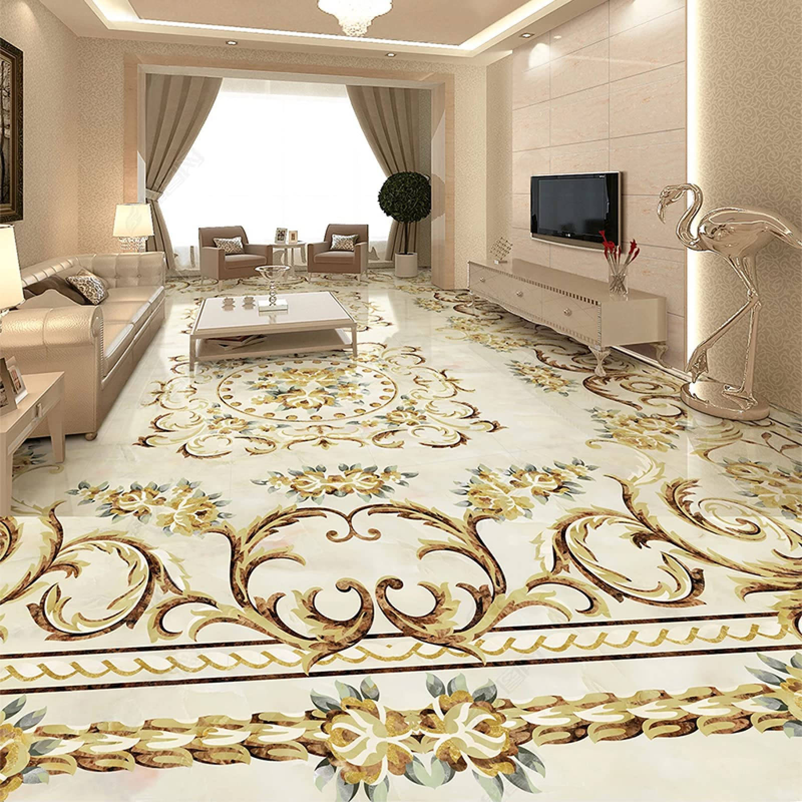 French Style Gold Floor Tiles, gold floral tile flooring, flamingo statue, HD Desktop Wallpaper