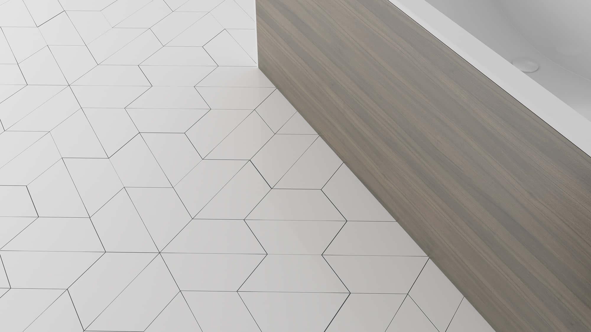 modern geometric tile flooring, white geometric tiles, gray wood-veneer wall paneling, Full HD Desktop Wallpaper