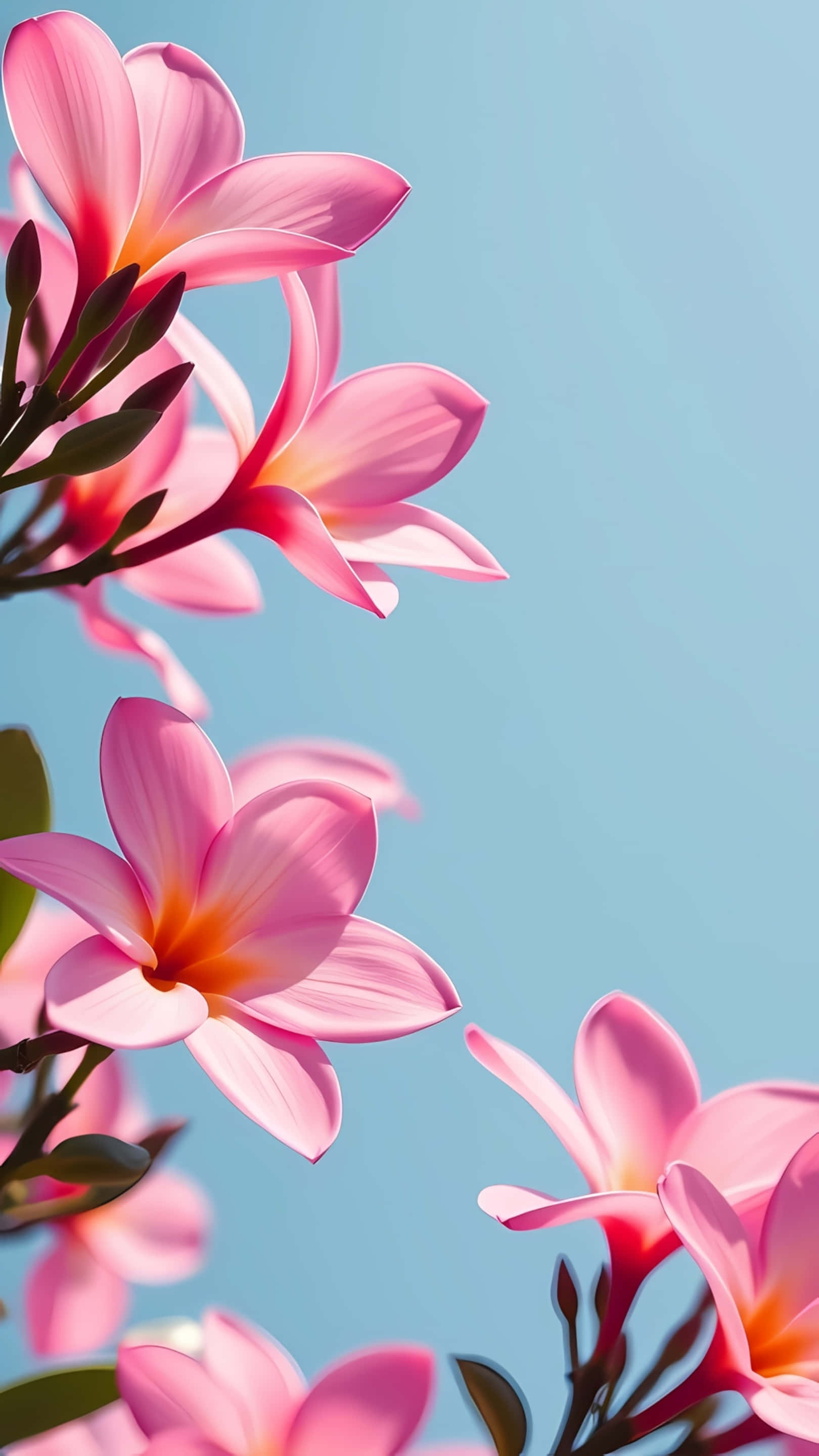 plumeria flowers, soft pink, pastel blue background, 2K Phone Wallpaper