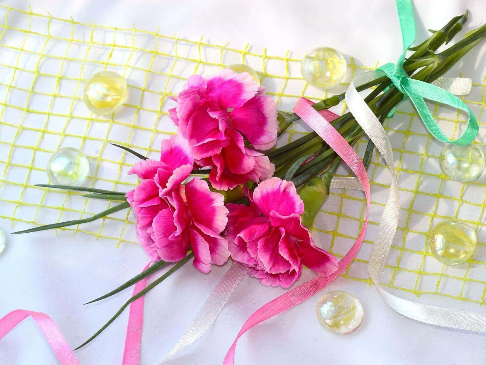 floral arrangement, pink carnations, pink and white ribbons, HD Desktop Wallpaper