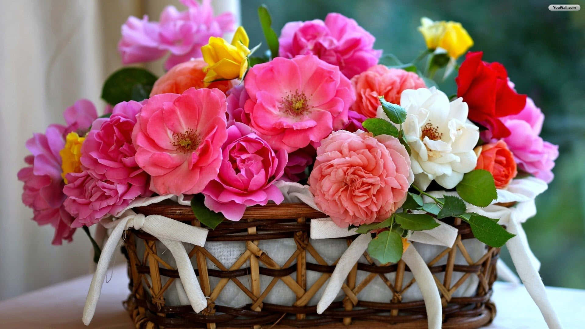 Serene Bouquet, woven basket, pink roses, Full HD Desktop Wallpaper