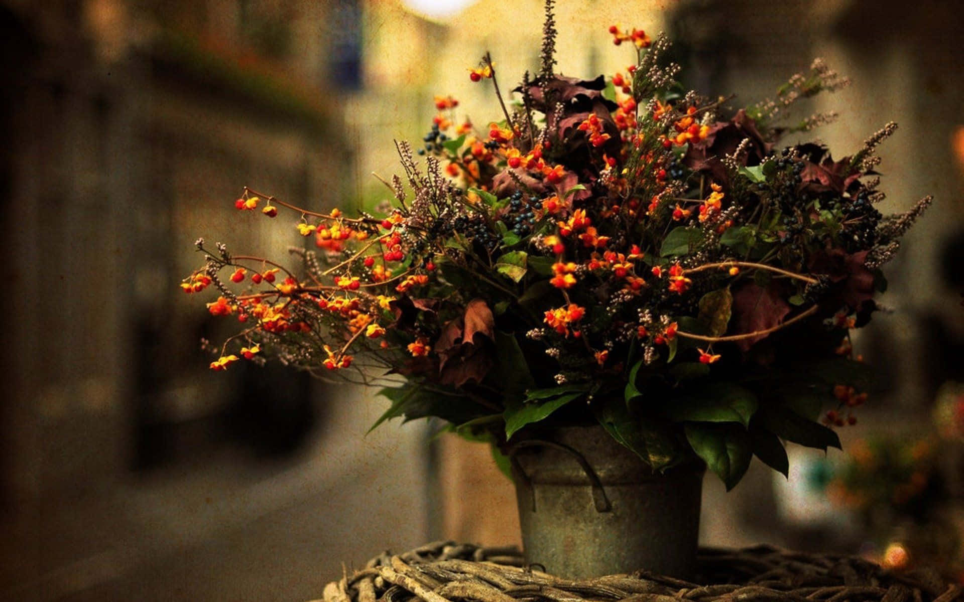 floral arrangement, rustic metal bucket, autumnal berries, Full HD Desktop Wallpaper