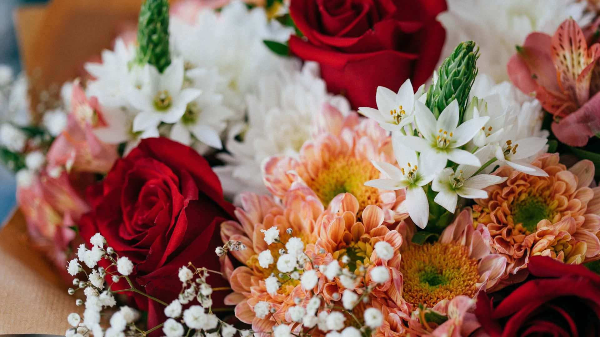 floral arrangement, red roses, peach chrysanthemums, Full HD Desktop Wallpaper