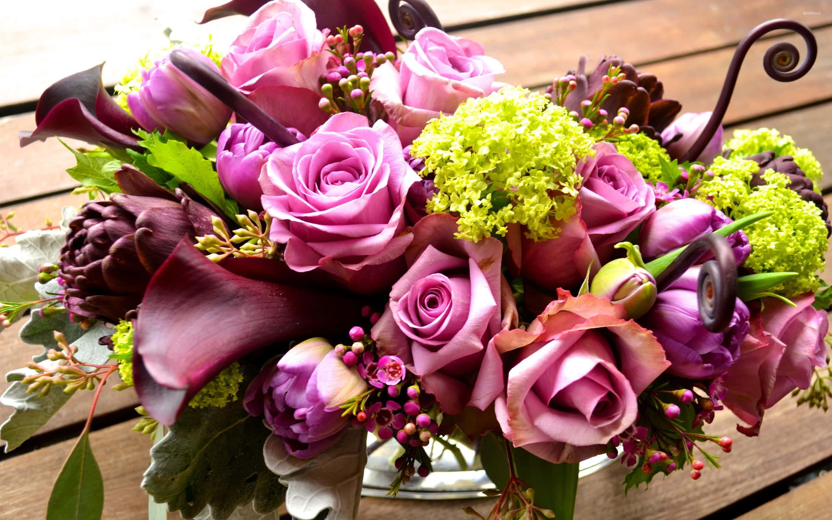 pink roses, calla lilies, lime green hydrangeas, 2K Desktop Wallpaper