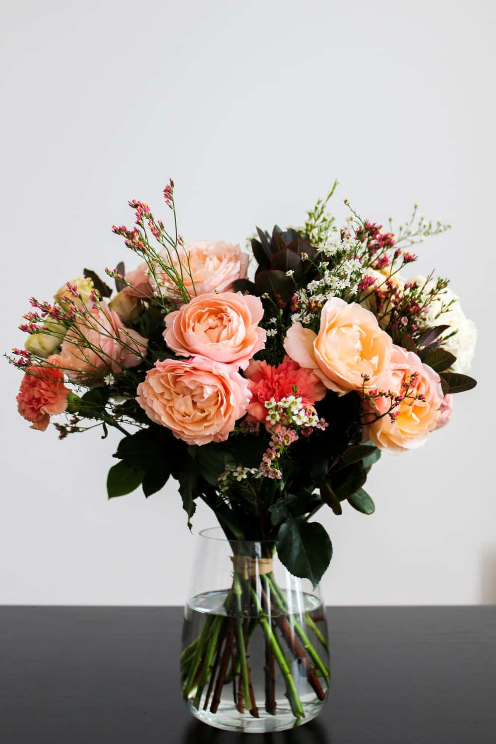 peach roses, filler flowers, clear glass vase, HD Phone Wallpaper