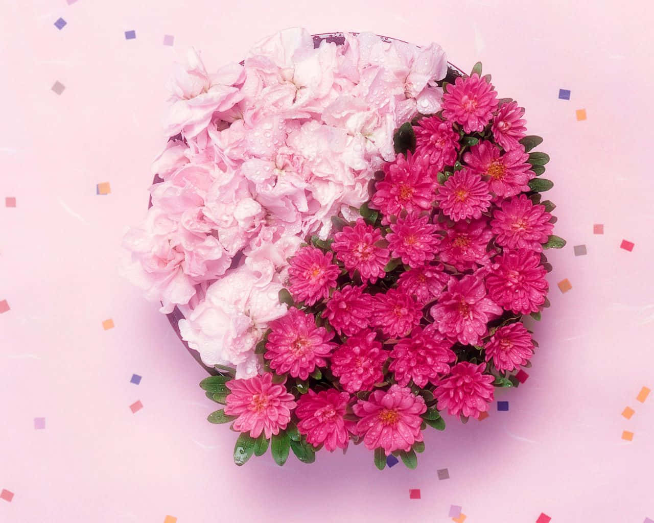 heart-shaped floral arrangement, soft pink hydrangeas, vibrant magenta chrysanthemums, HD Desktop Wallpaper