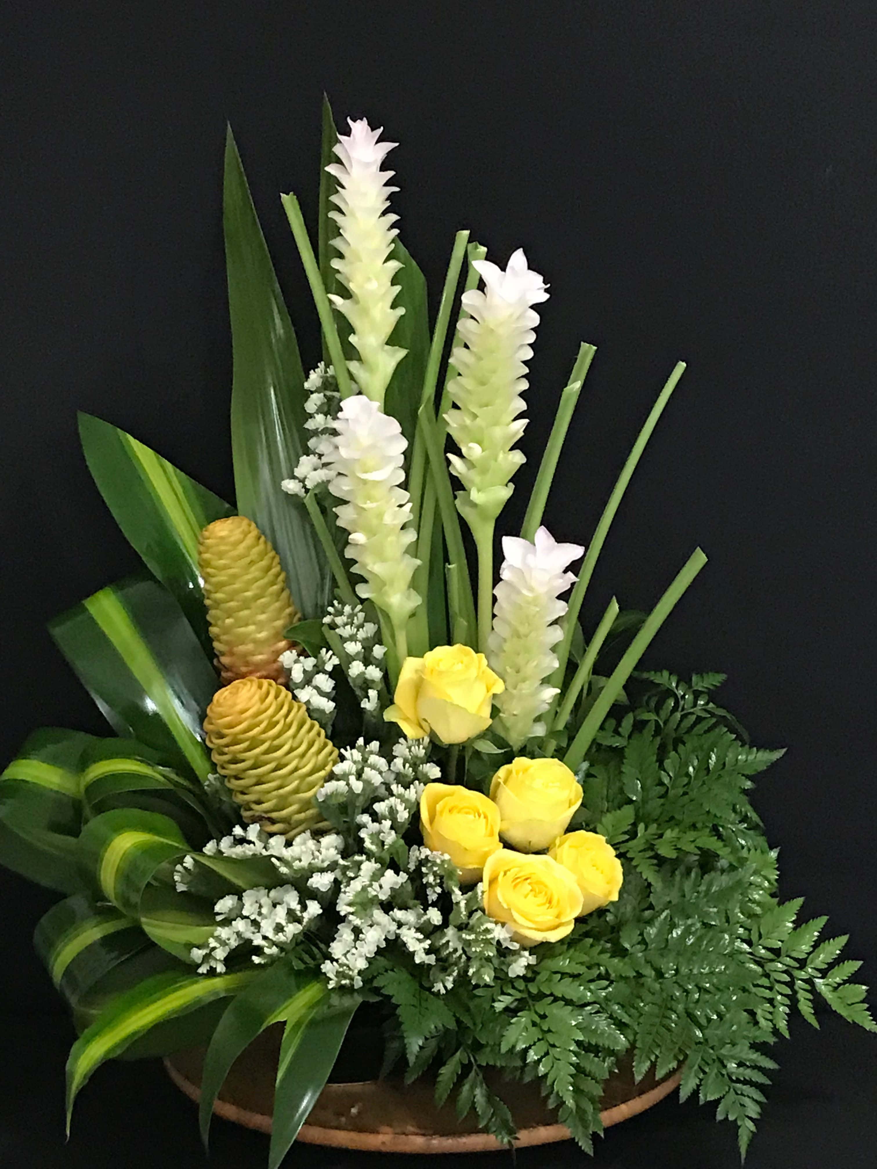 yellow roses, white orchids, greenery, 4K Phone Wallpaper